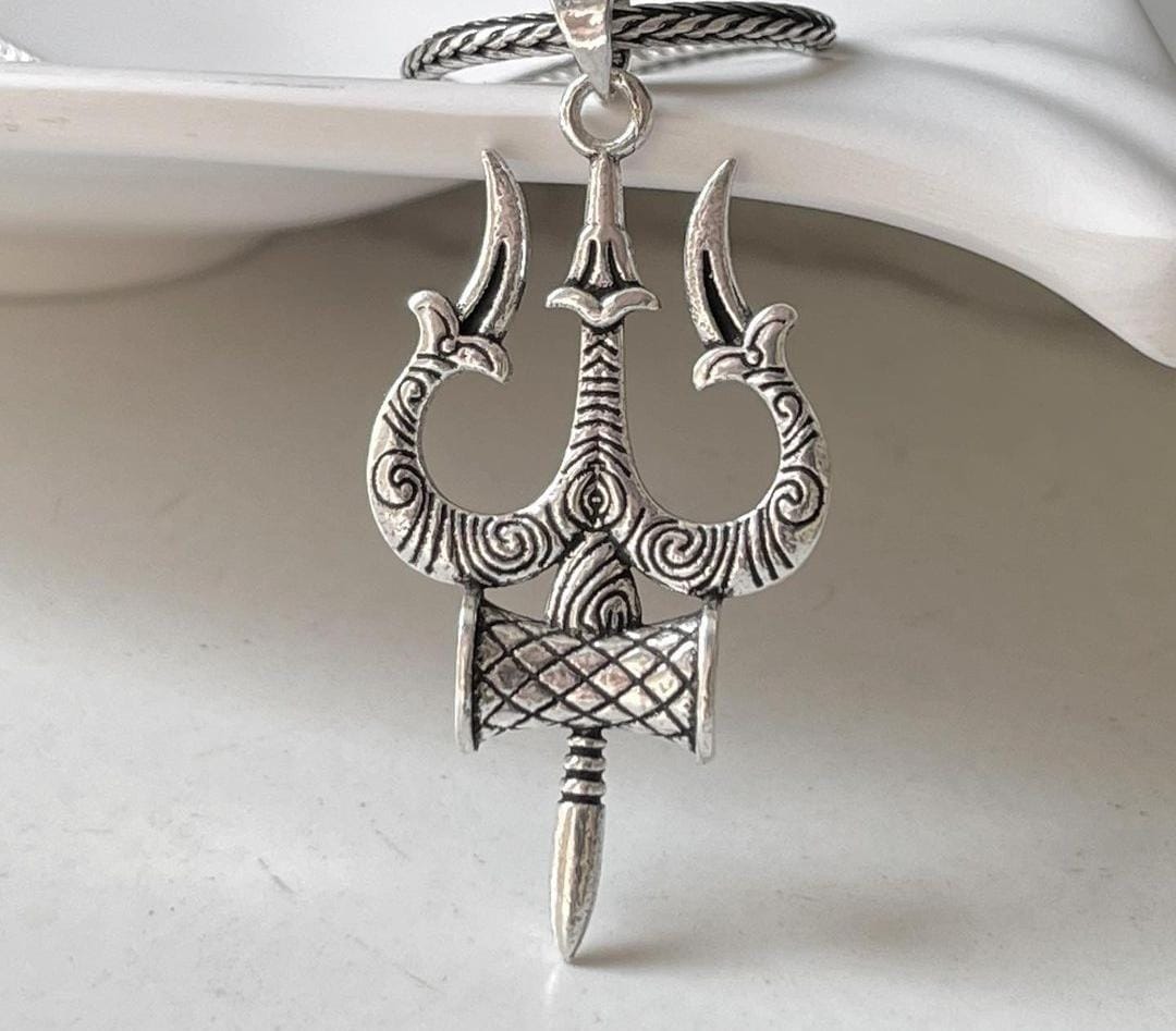 Bold Trishul Damru pendant in sterling silver
