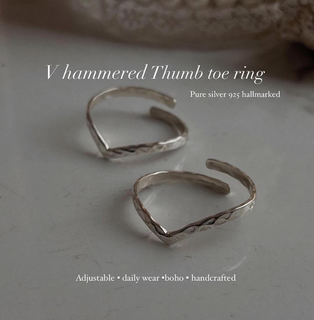 V hammered pure silver thumb toe ring