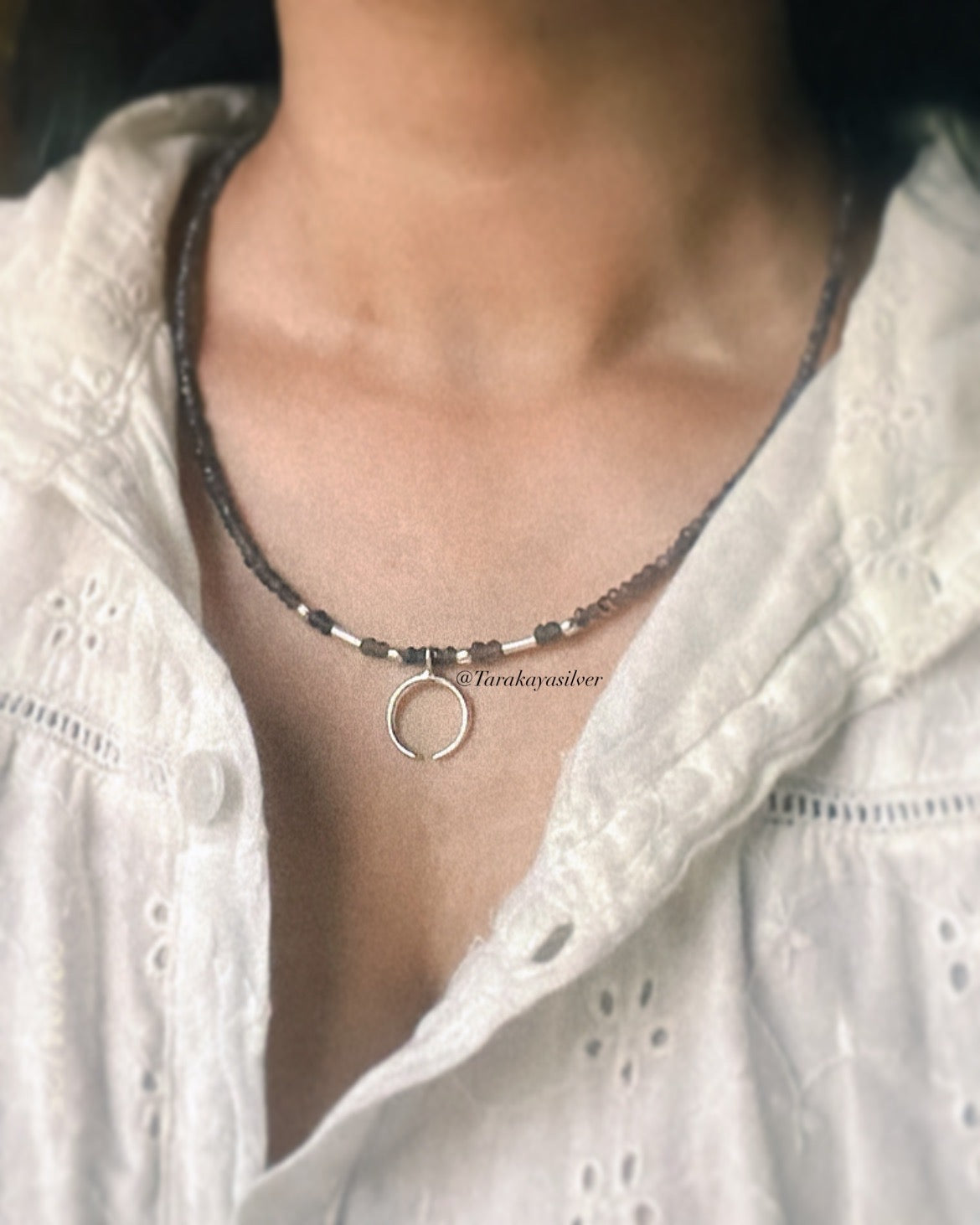 Iolite 3mm Faceted Natural Crystal with Crescent Moon 925 Sterling Silver Boho Necklace
