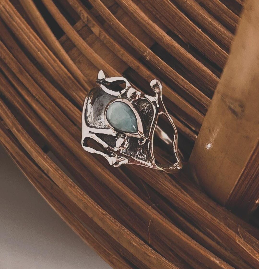 925 Silver Larimar Molten Drip Ring for Modern Style