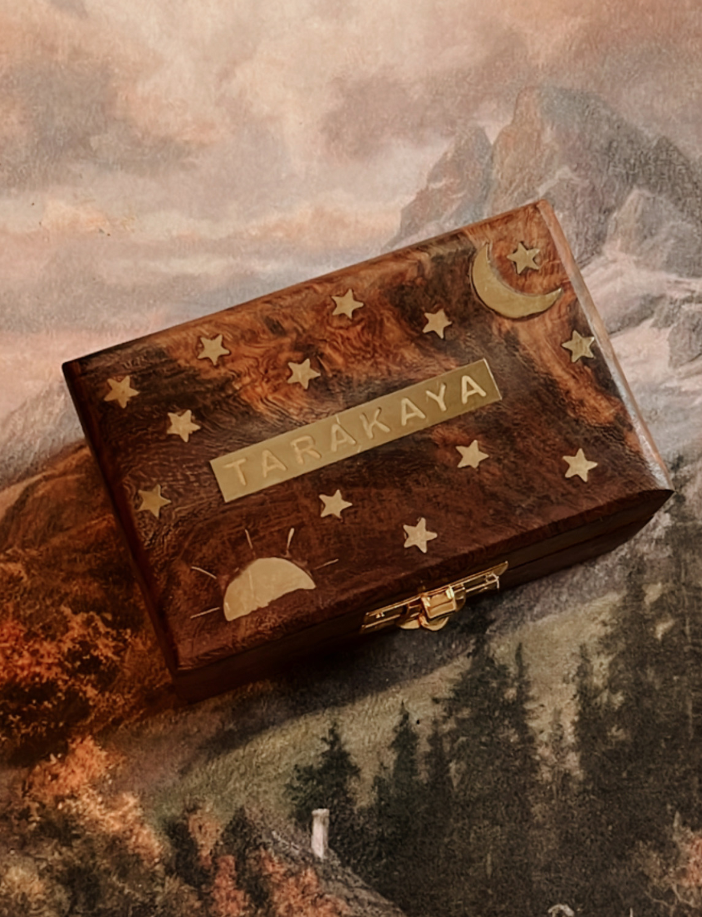 Handcrafted wooden celestial box with intricate design