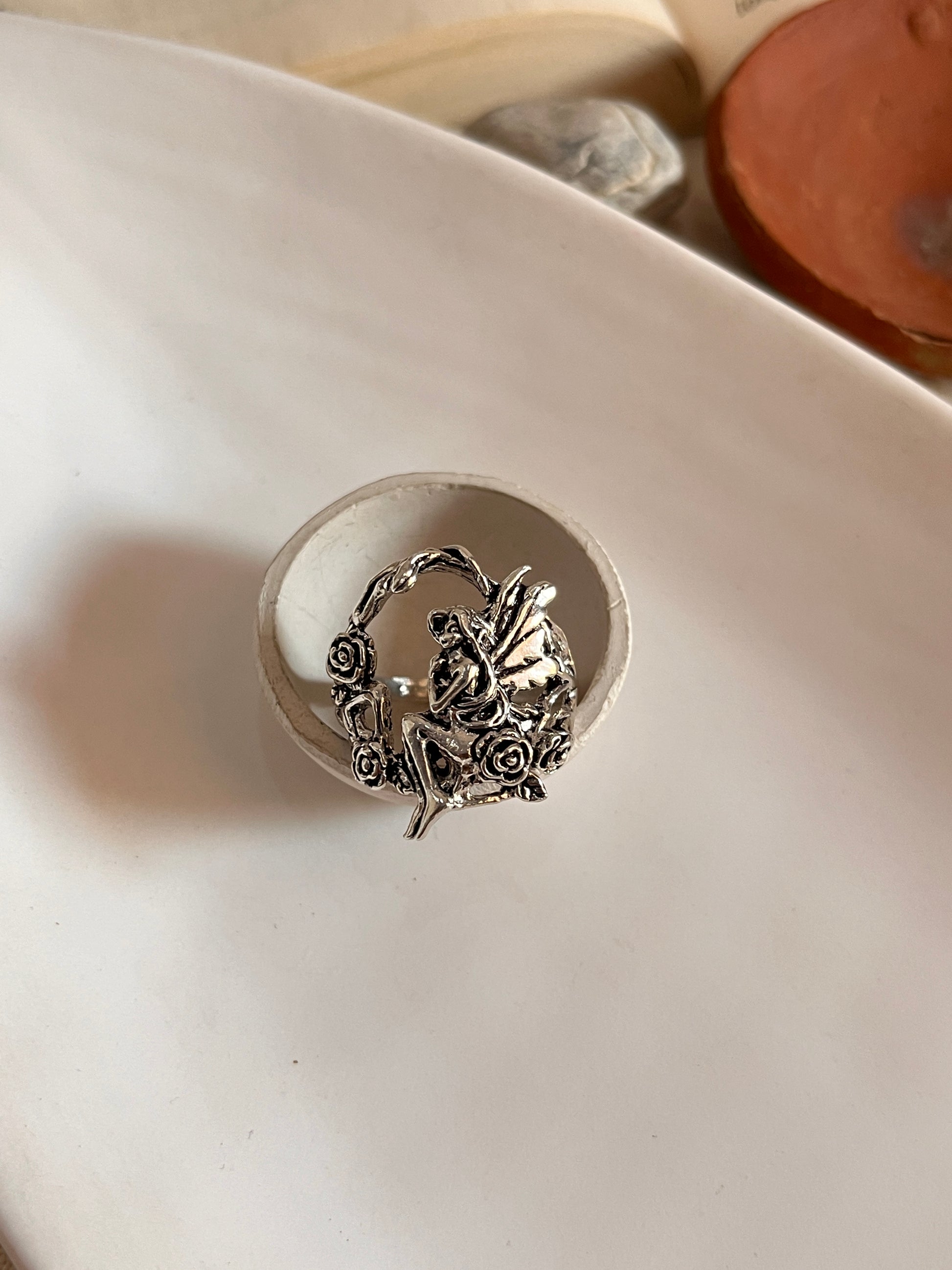Charming fairy in forest silver ring with magical, nature-inspired motif