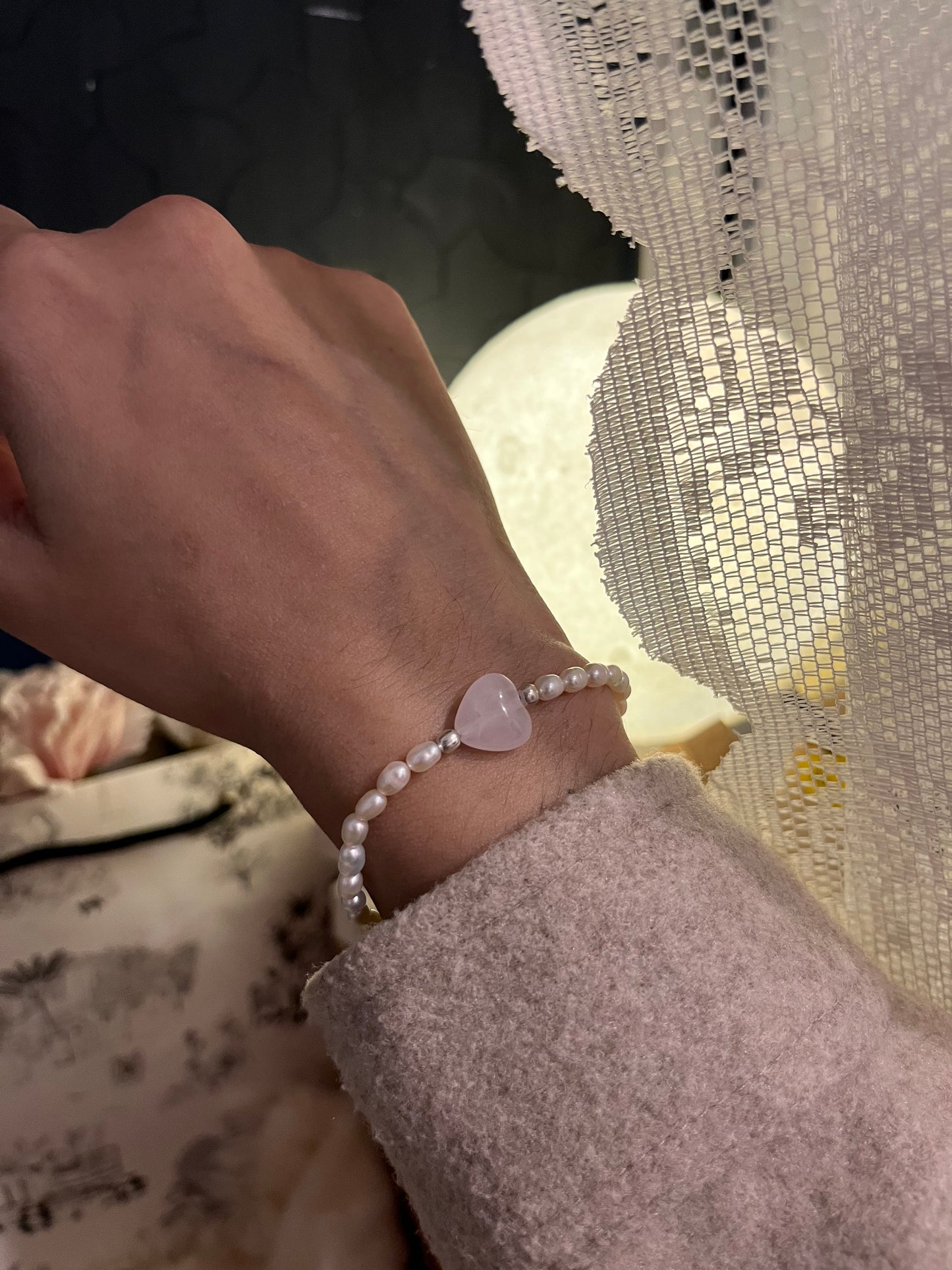 Elegant Silver Bracelet with Rose Quartz Heart and Pearls