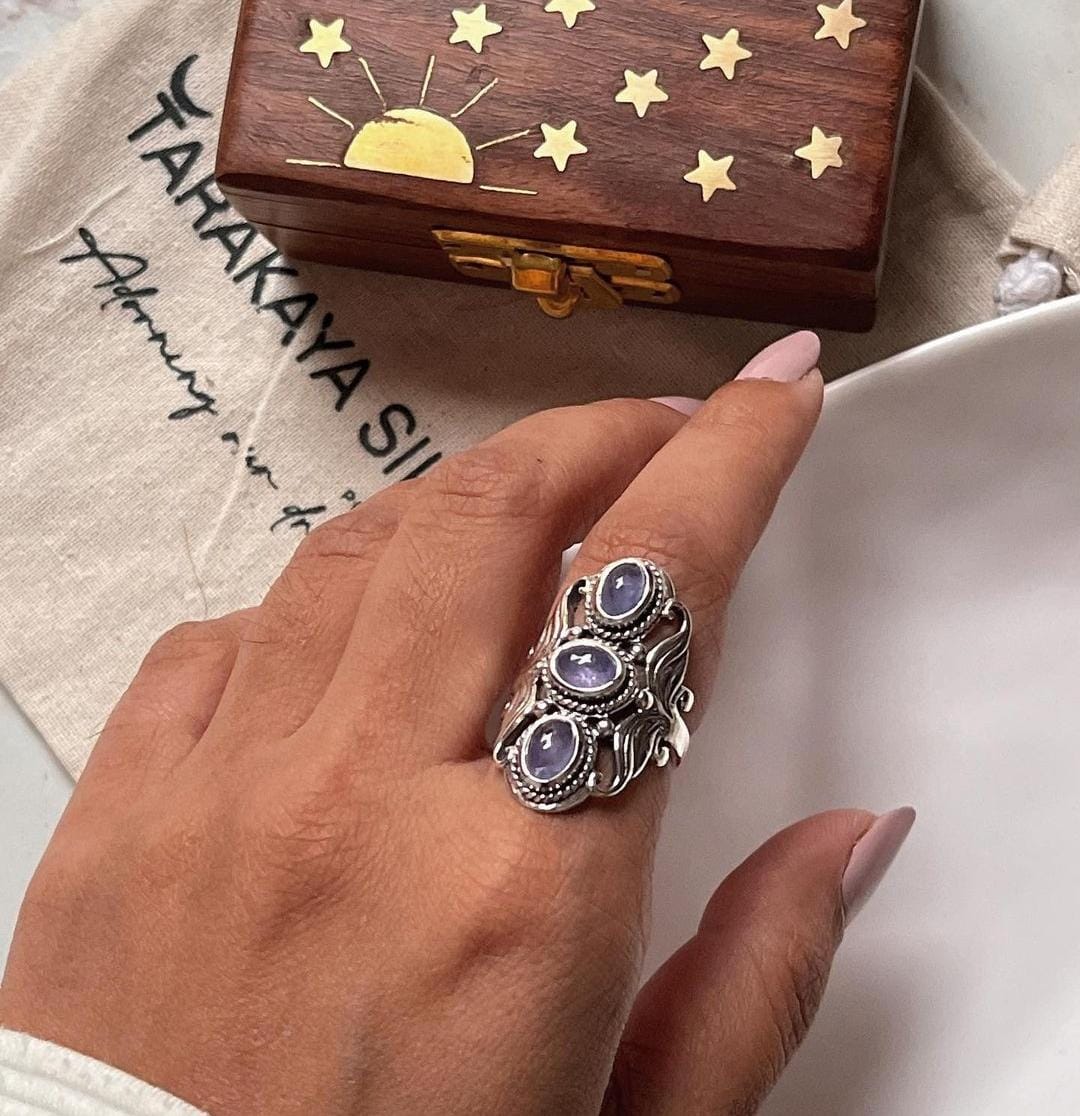 Handcrafted tanzanite 3 stone statement ring in silver