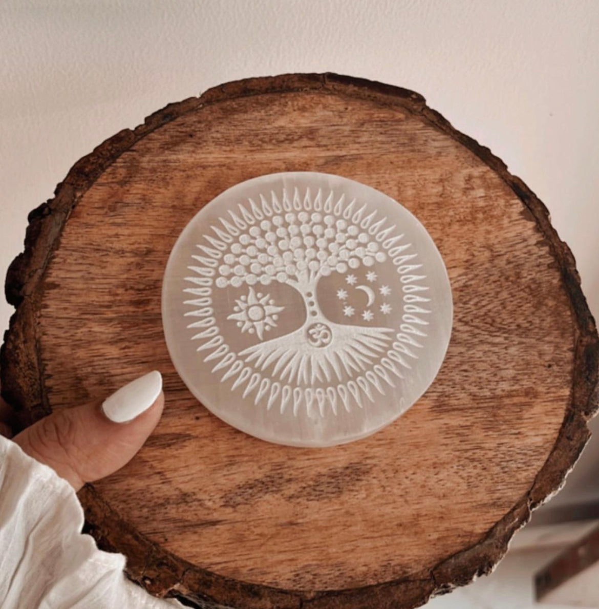 Healing selenite plate engraved with Tree of Life, Om, Sun & Moon