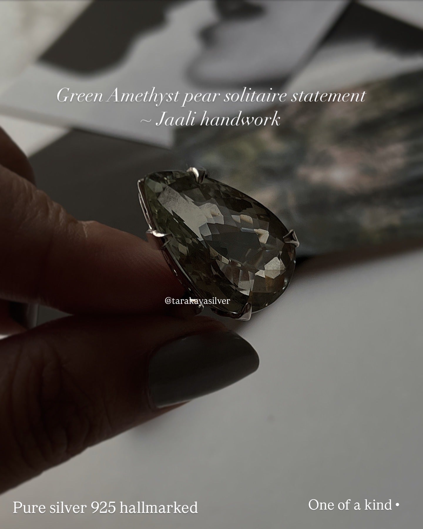 Green Amethyst Big Pear Shape 925 Silver Ring