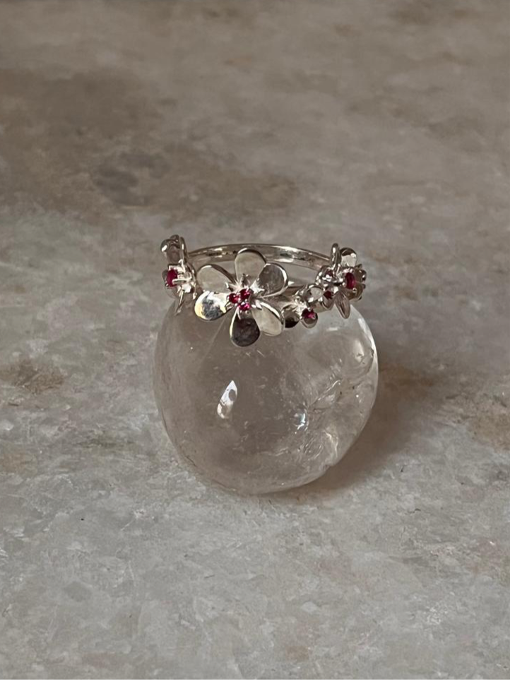 Ruby Lab Grown flowers Bouquet Adjustable Statement 925 Sterling Silver Ring