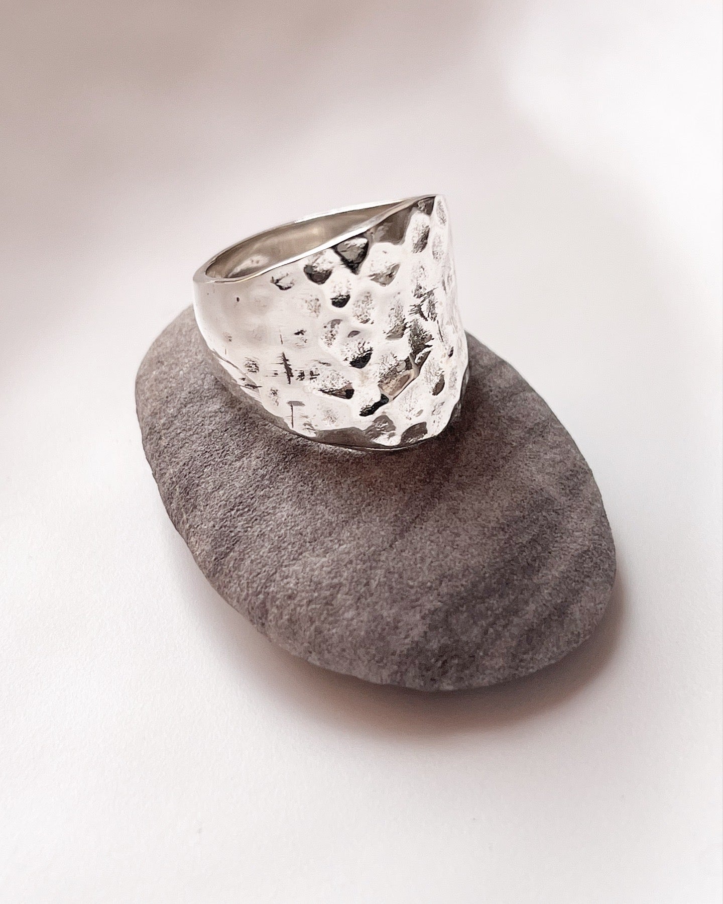 Modern hammered chunky silver ring for a bold look