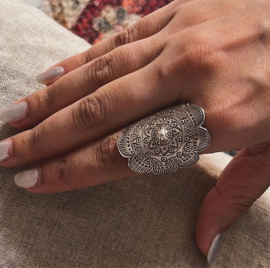 Handmade silver 925 tribal mandala adjustable statement ring
