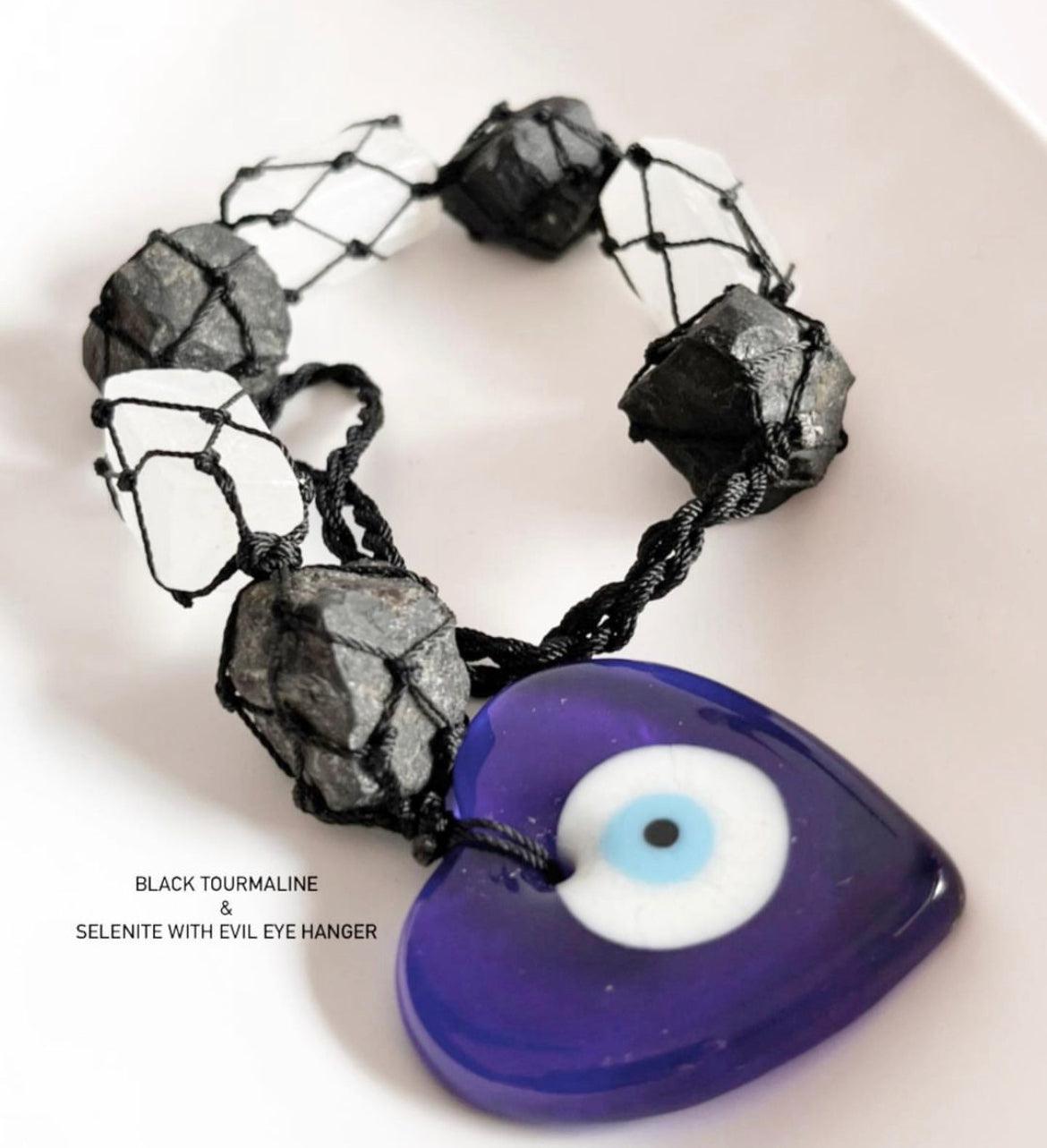 Raw Evil Eye Hanging with Black Tourmaline and Selenite