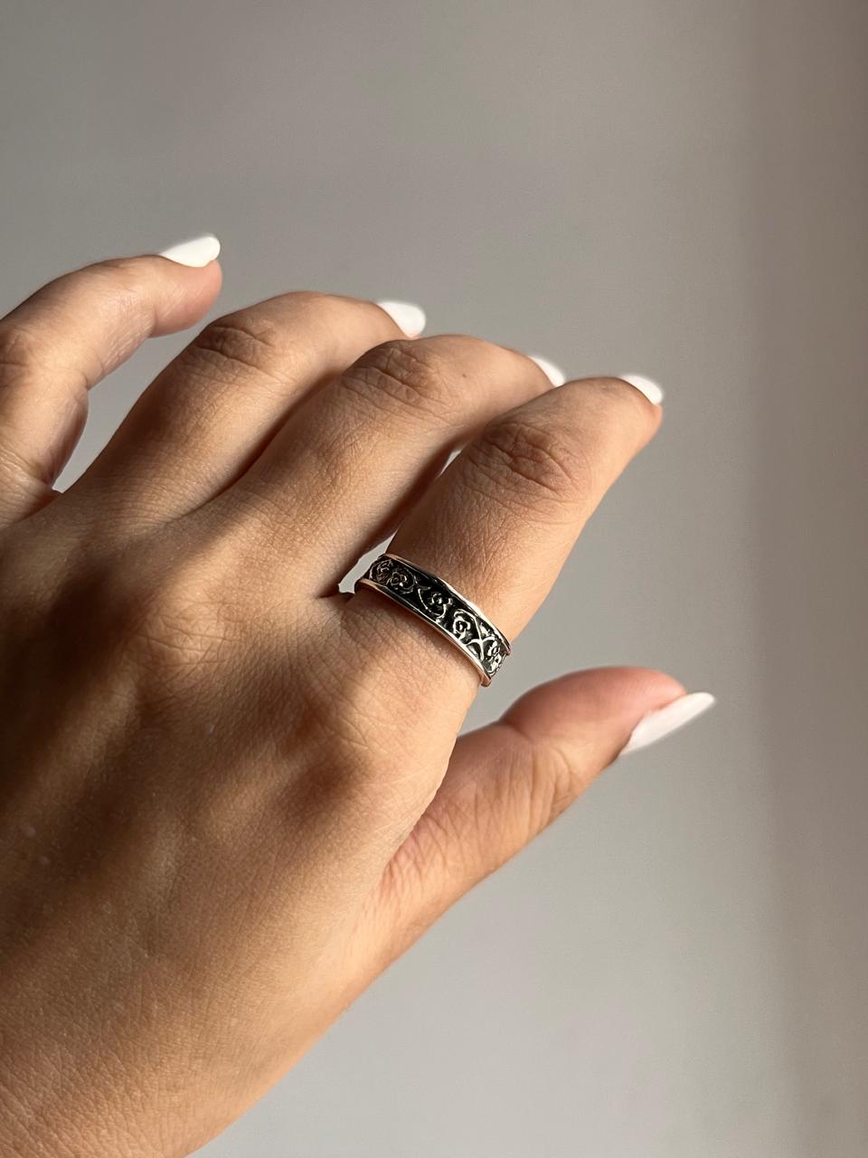 Versatile floral engraved band silver ring ideal for stacking or solo wear