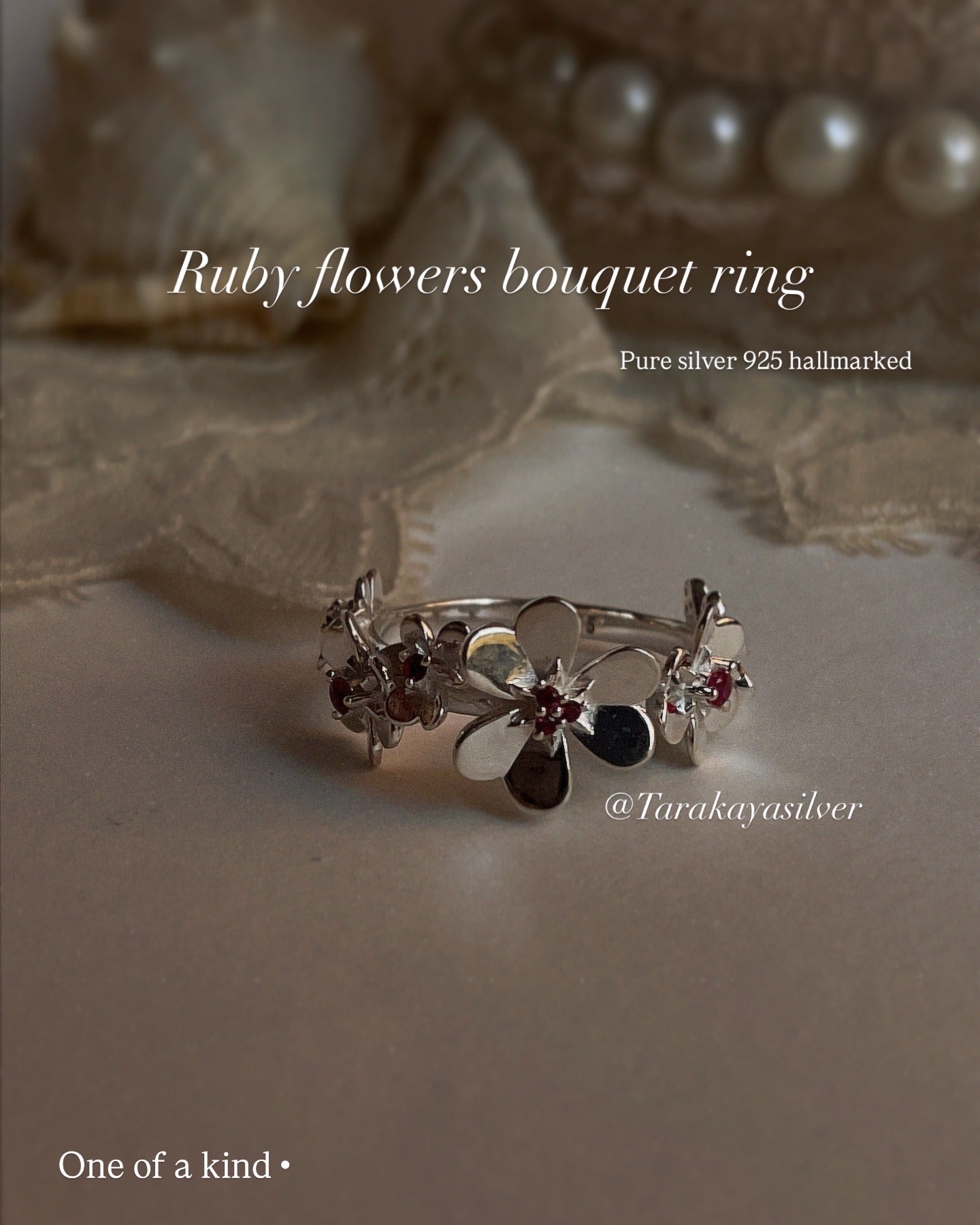 Ruby lab-grown flowers bouquet adjustable statement 925 silver ring