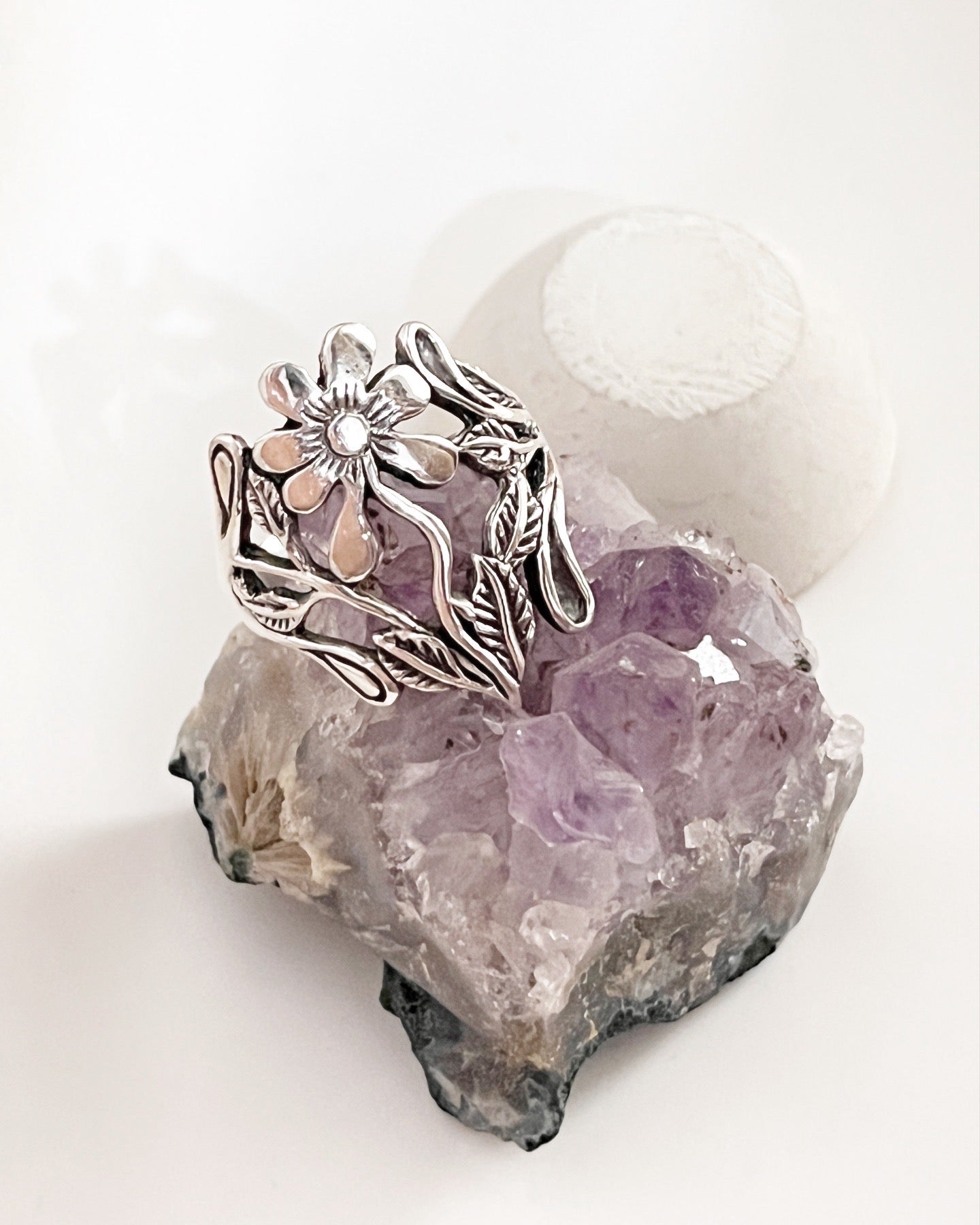 Bold big floral garden chunky silver ring with intricate design.