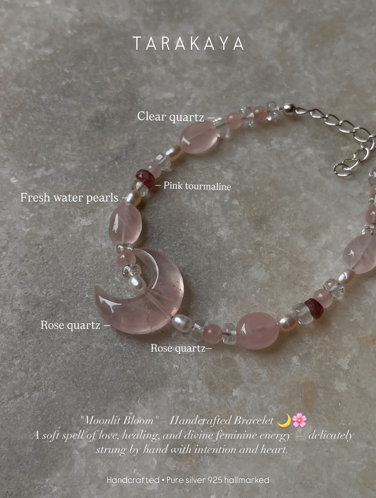 Moonlit Bloom ~Rose Quartz Crescent Moon, Clear Quartz & Pearl Crystal 925 Sterling Silver Bracelet