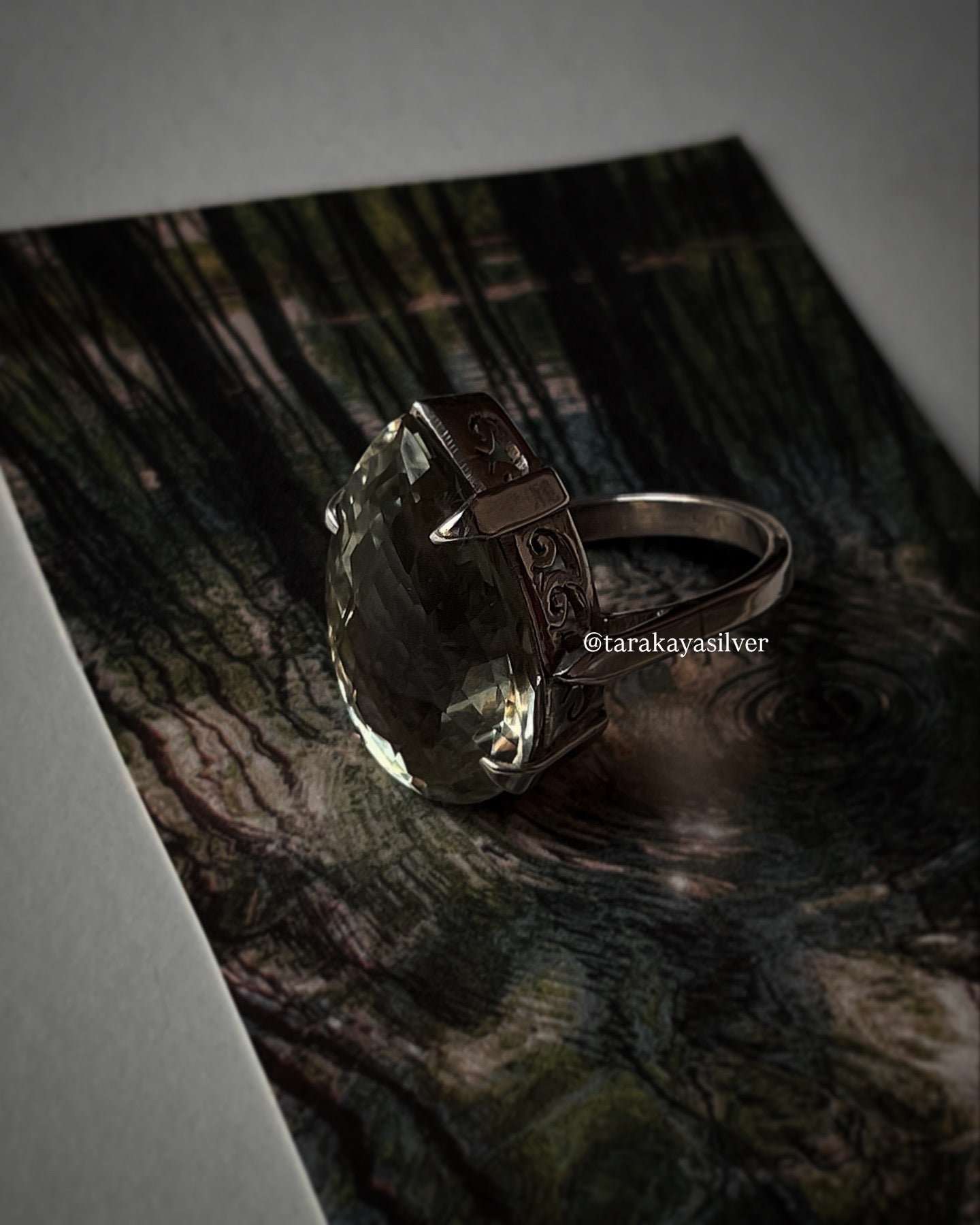 Big Pear Cut Green Amethyst Ring in 925 Silver