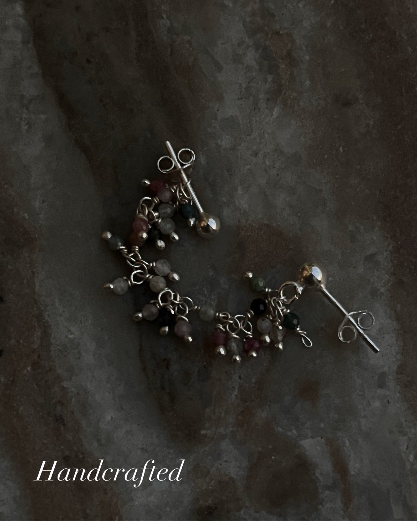 Unique silver stud earrings with multi-tourmaline and dual chain design