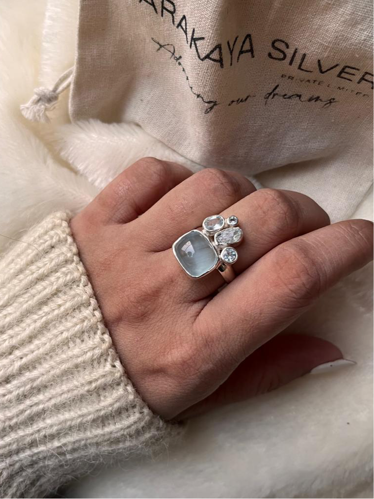 Aquamarine and blue topaz 1-stone cluster ring in 925 silver