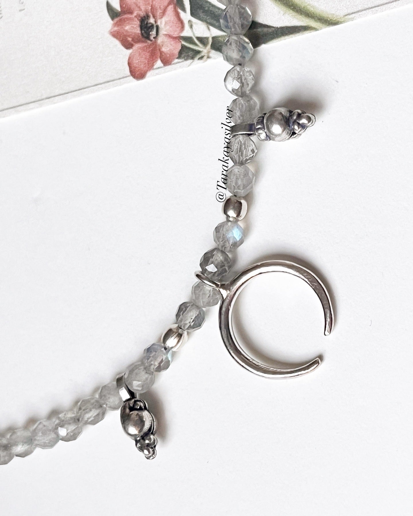 Labradorite 3-4mm Faceted Natural Crystal with Crescent Moon 925 Sterling Silver Boho Necklace