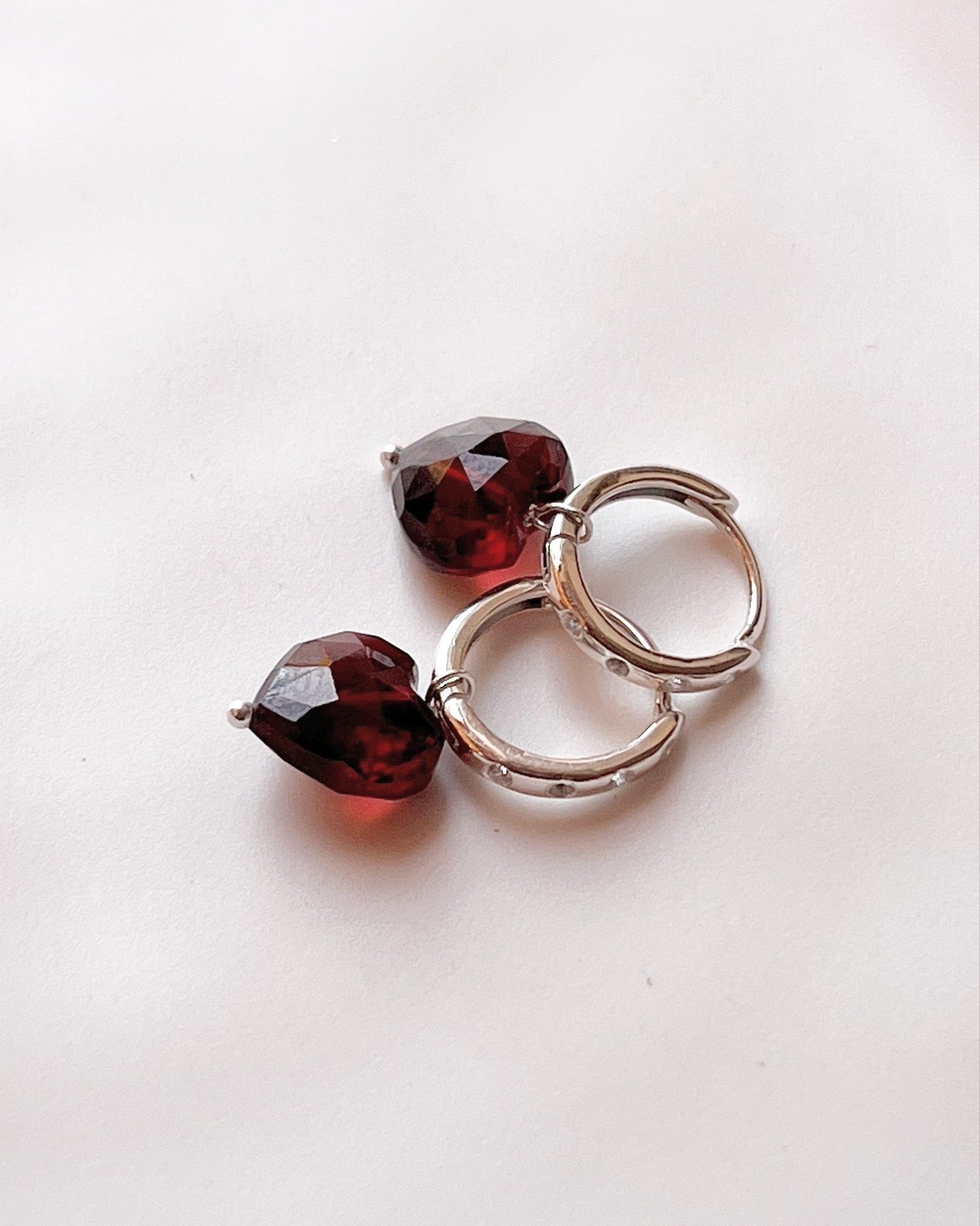 Sparkling Garnet Heart Huggies with CZ Stones