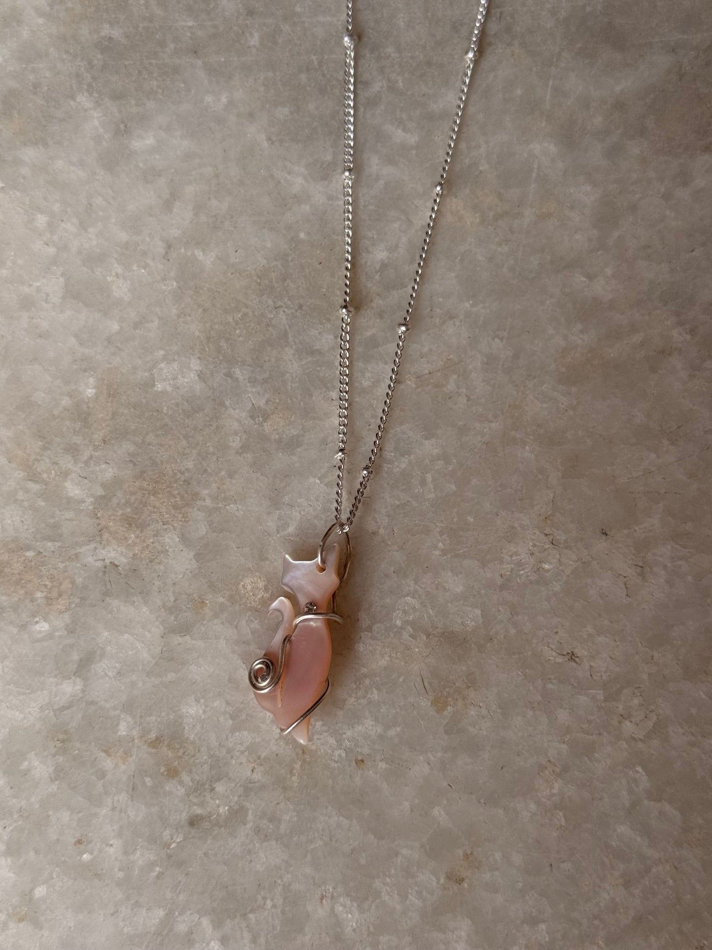 925 Sterling Silver Mother of Pearl Cat Cable Dot Handcrafted Necklace