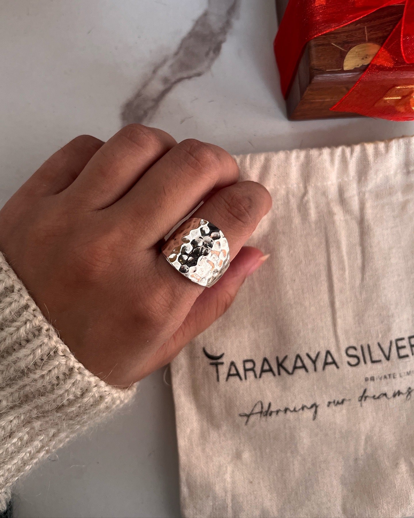 Handcrafted chunky silver ring with hammered texture