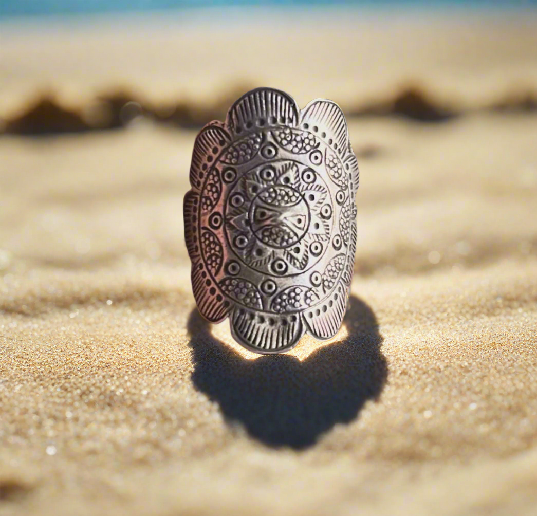 925 sterling silver adjustable ring with tribal mandala design