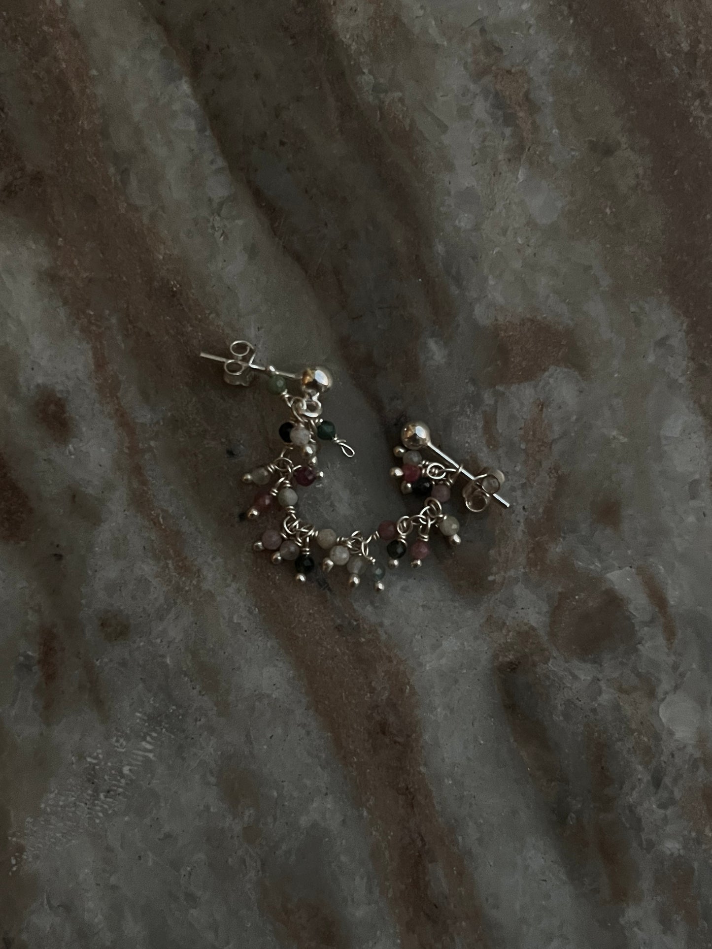 Multi-colored tourmaline silver stud earrings with dual chain accents