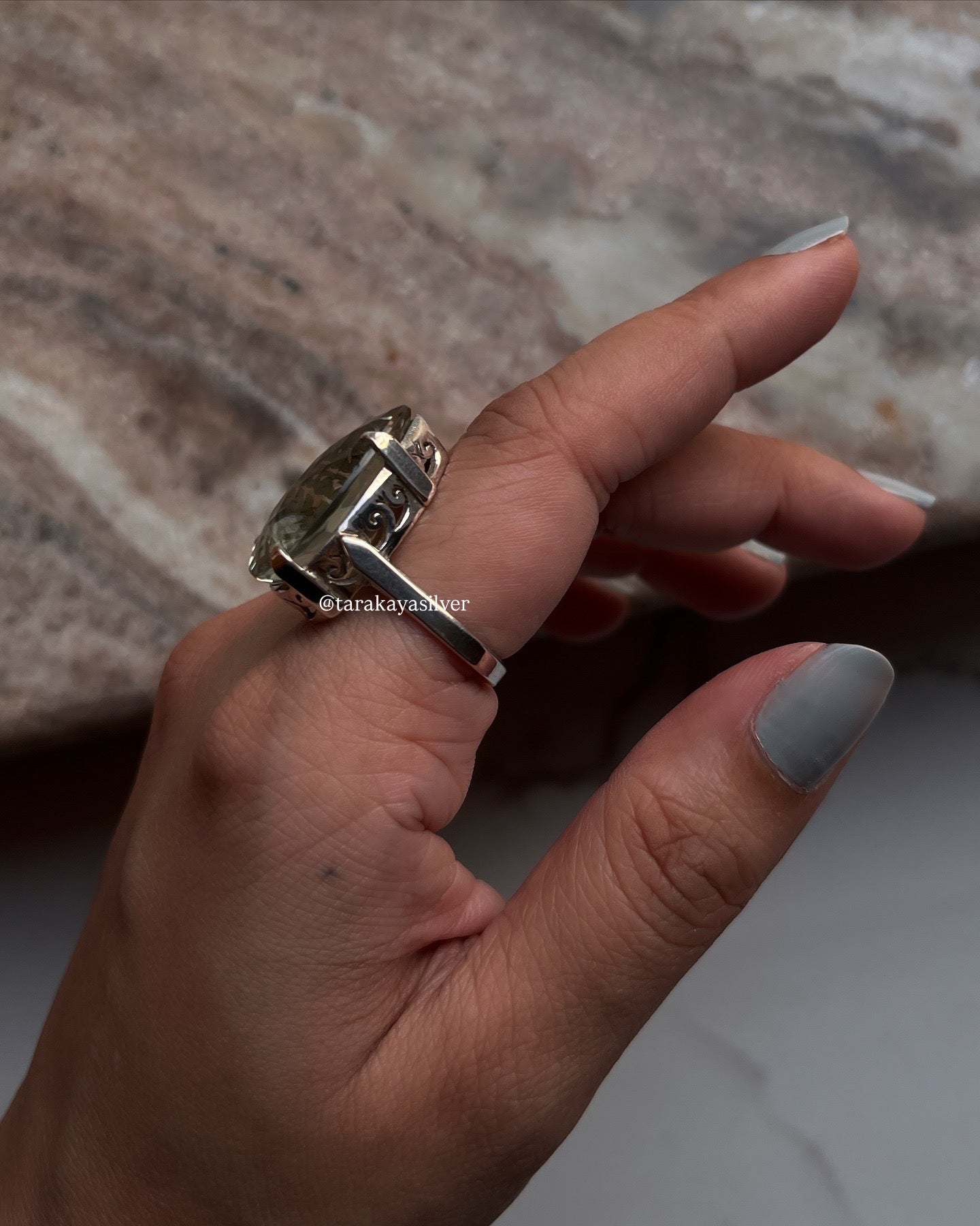 Green Amethyst Pear Shaped Ring in 925 Silver