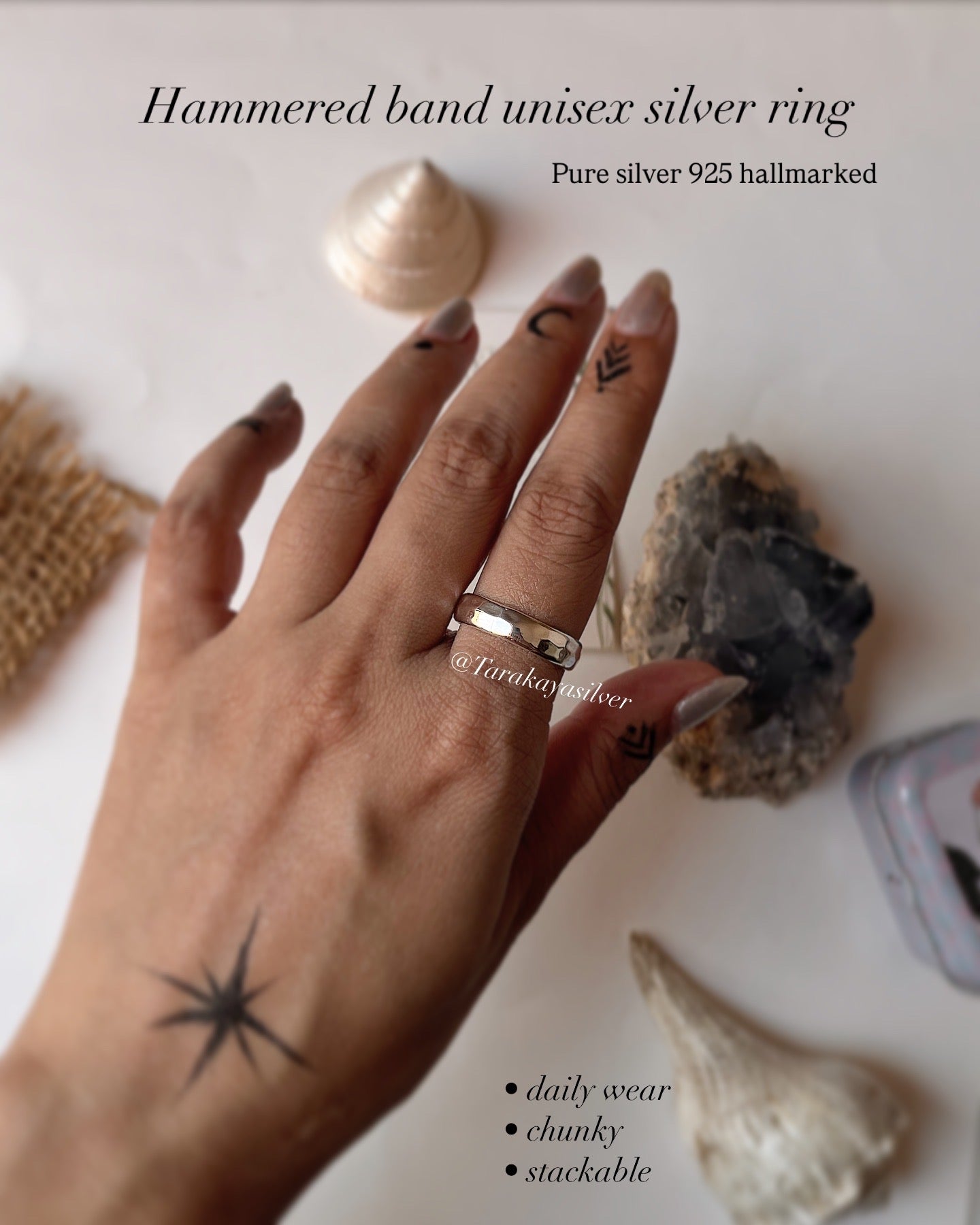 Hammered thick unisex band 925 sterling silver ring