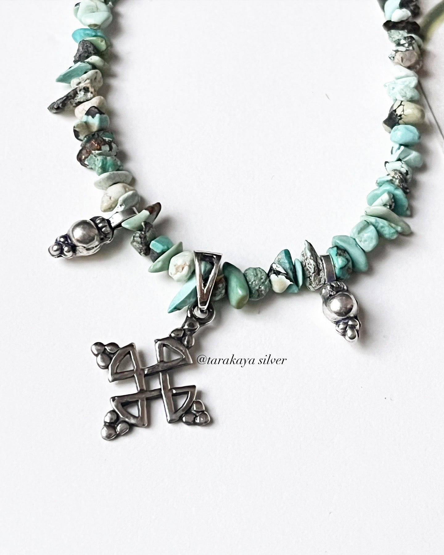 Natural Turquoise Tribal Kolam Boho 925 Sterling Silver Handmade Necklace
