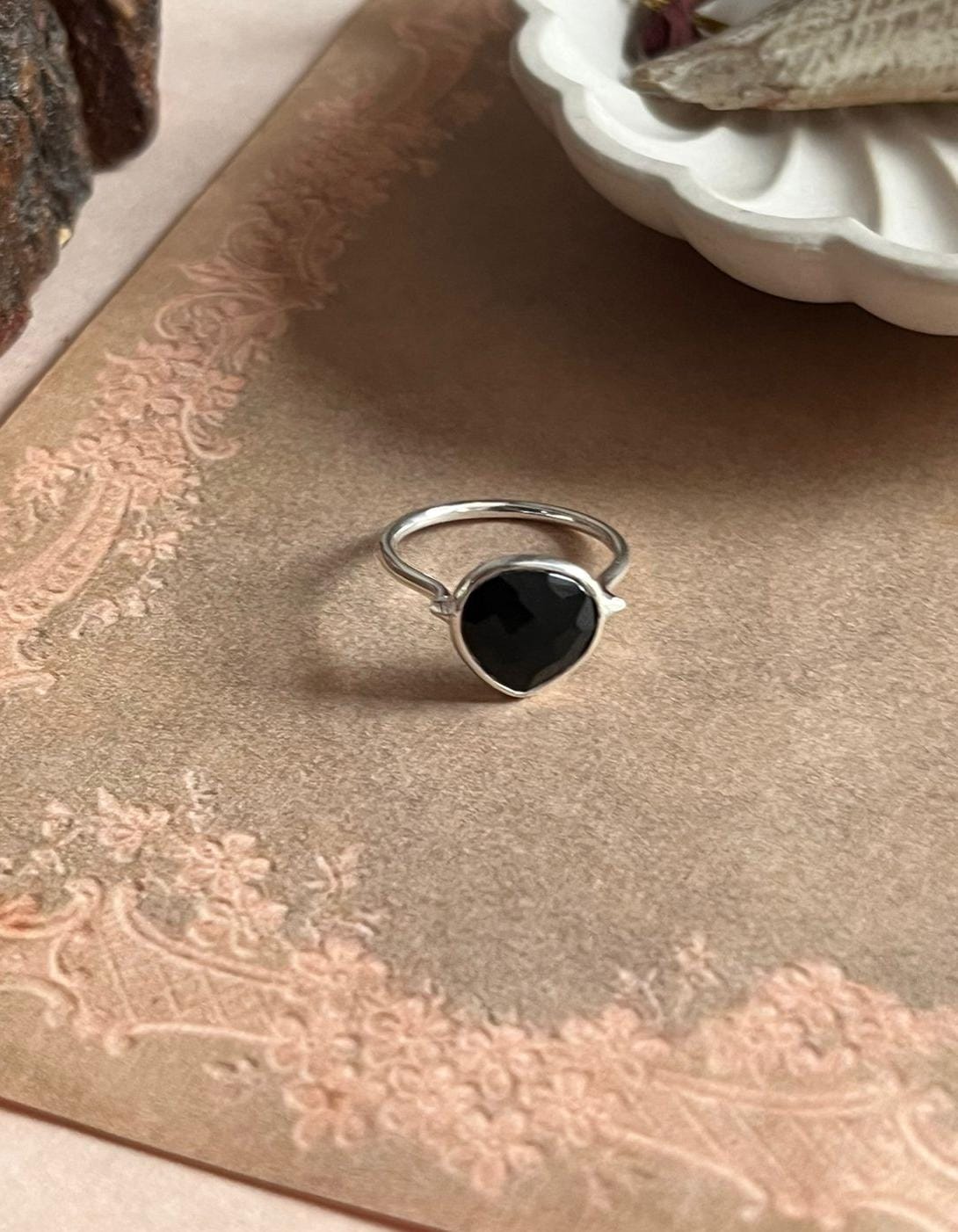Silver Ring with Faceted Black Onyx Heart Gem