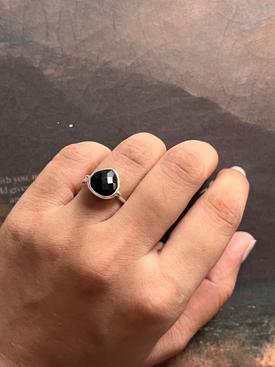 Faceted Black Onyx Heart Silver Ring