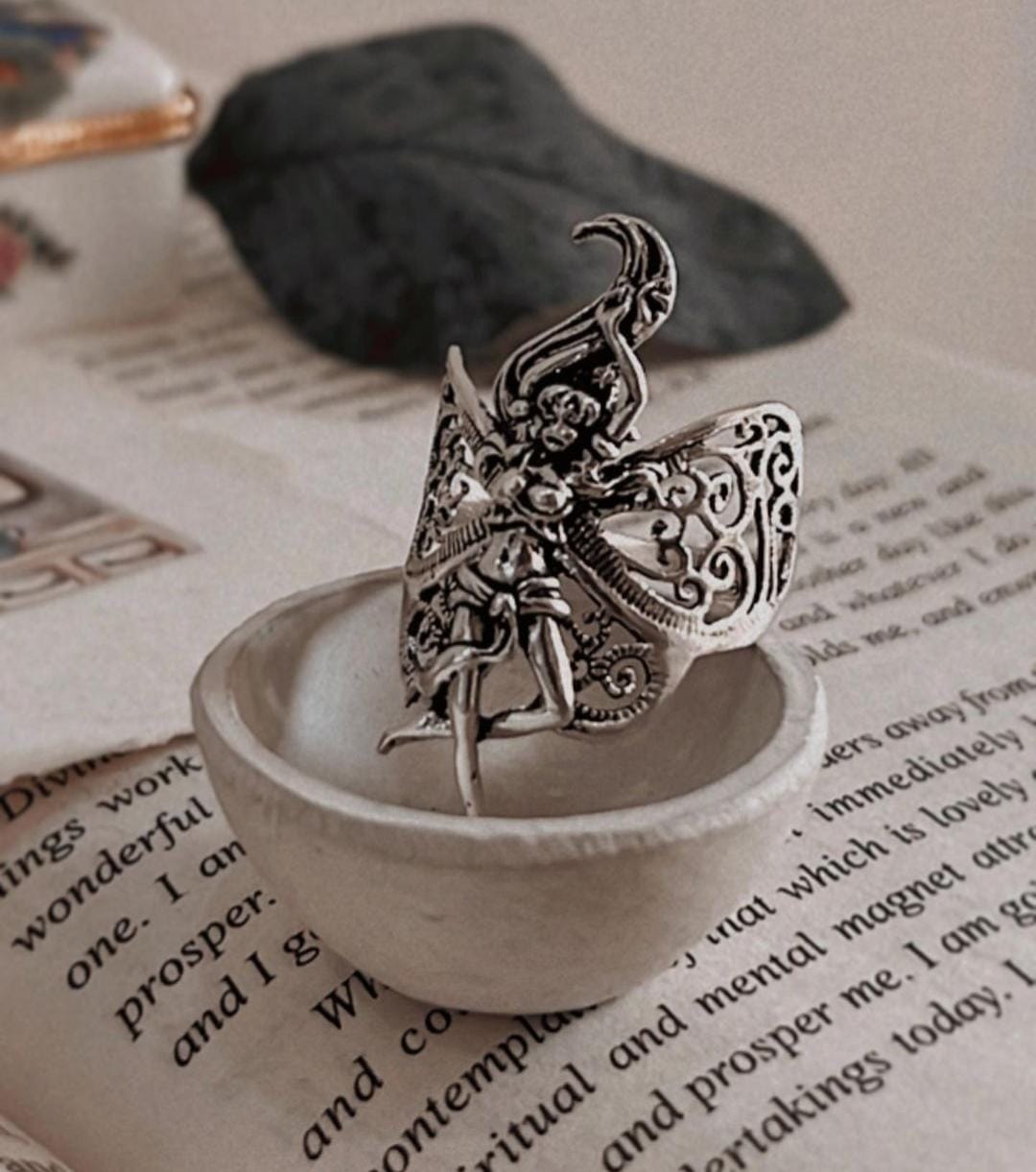 Handcrafted silver 925 ring with a mystical angel and filigree design