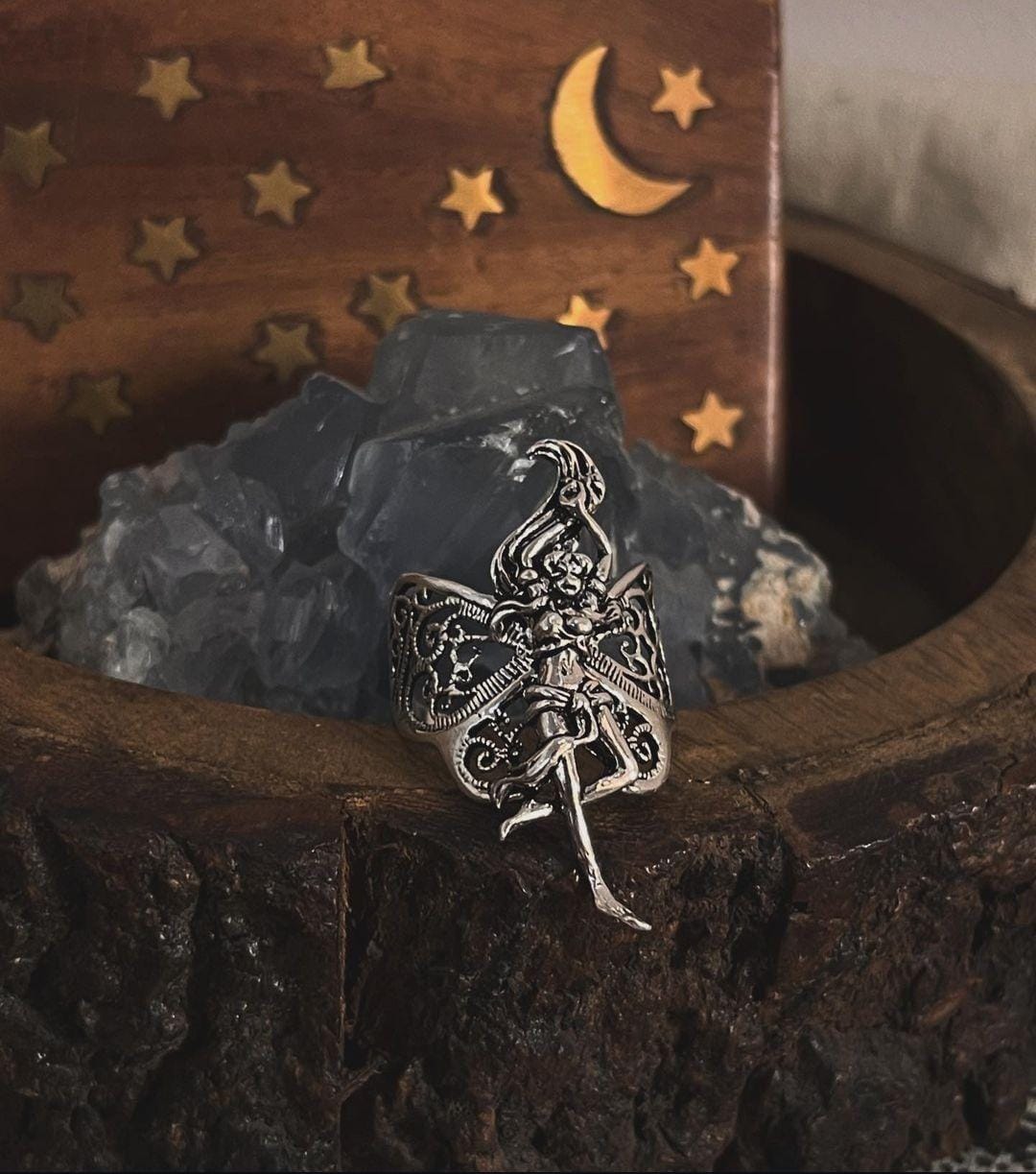 Adjustable Dancing Mystic Angel silver ring with delicate filigree pattern