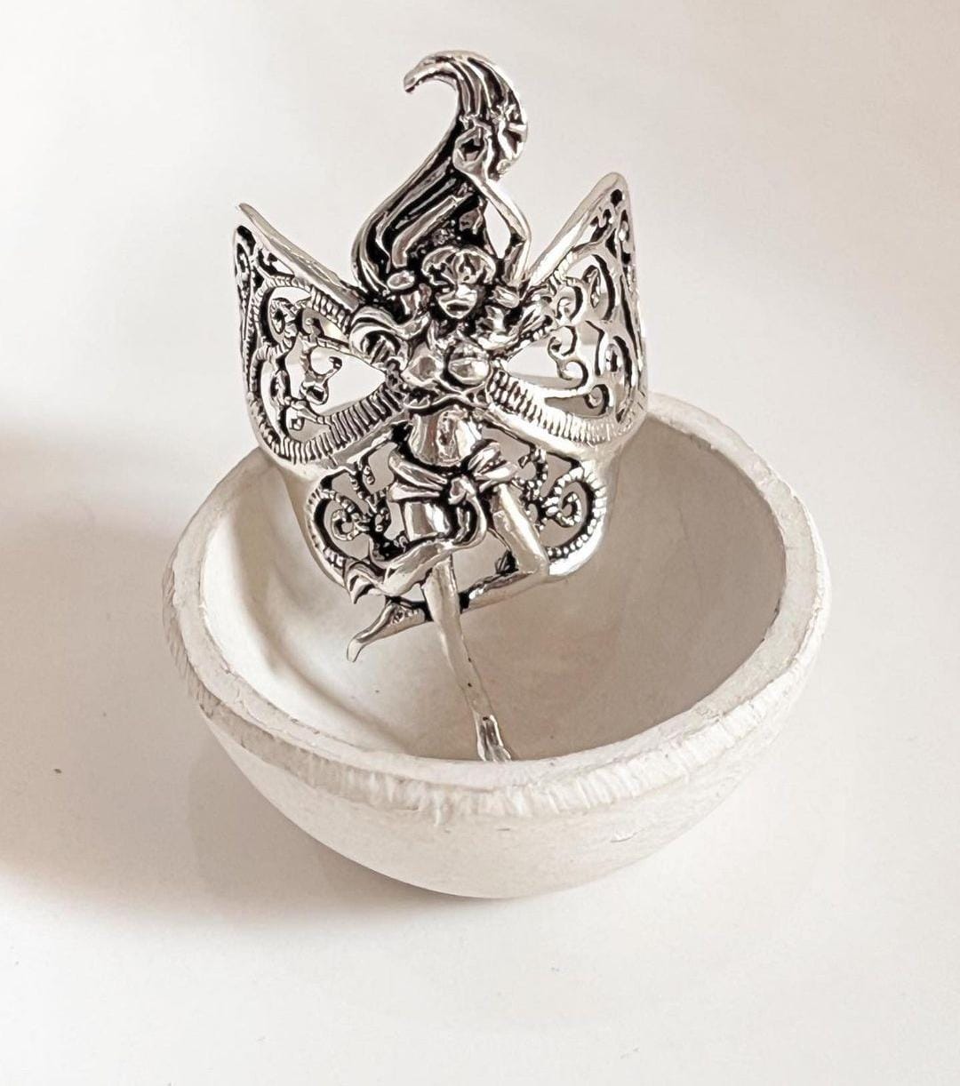 Close-up of adjustable Dancing Mystic Angel filigree silver 925 ring