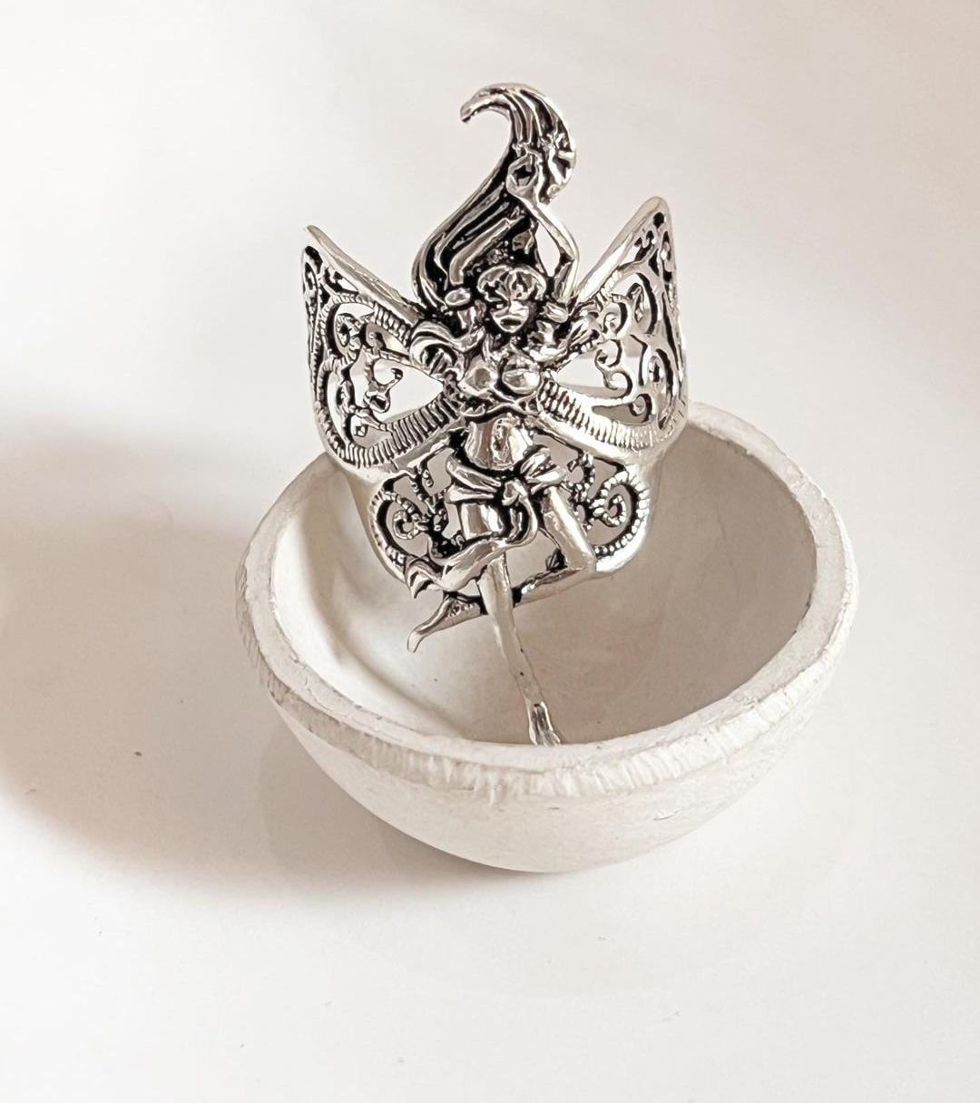 Delicate filigree adjustable silver 925 ring featuring a Dancing Mystic Angel