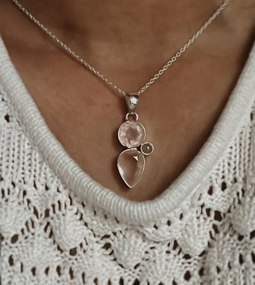 Rose Quartz Cluster Silver Necklace Pendant