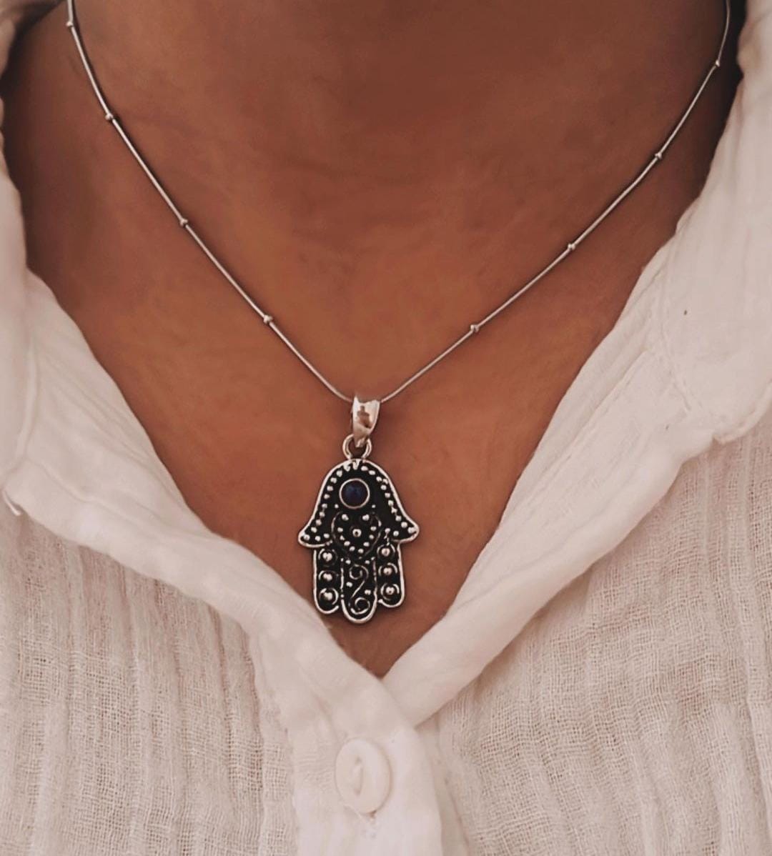 Elegant Amethyst Hamsa Pendant on Silver Chain