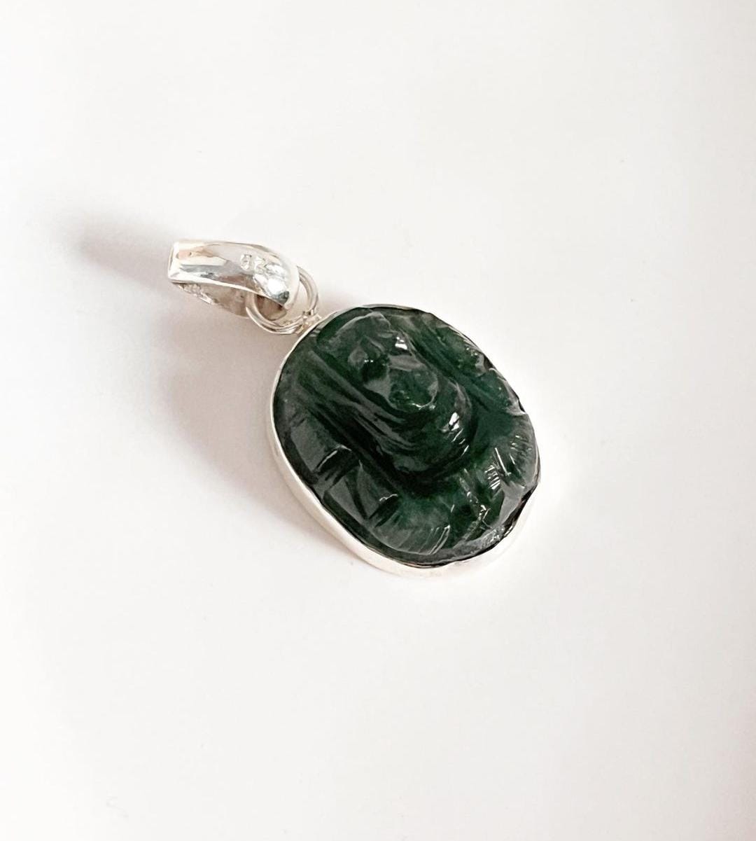 Green jade Ganesh carved pendant in sterling silver