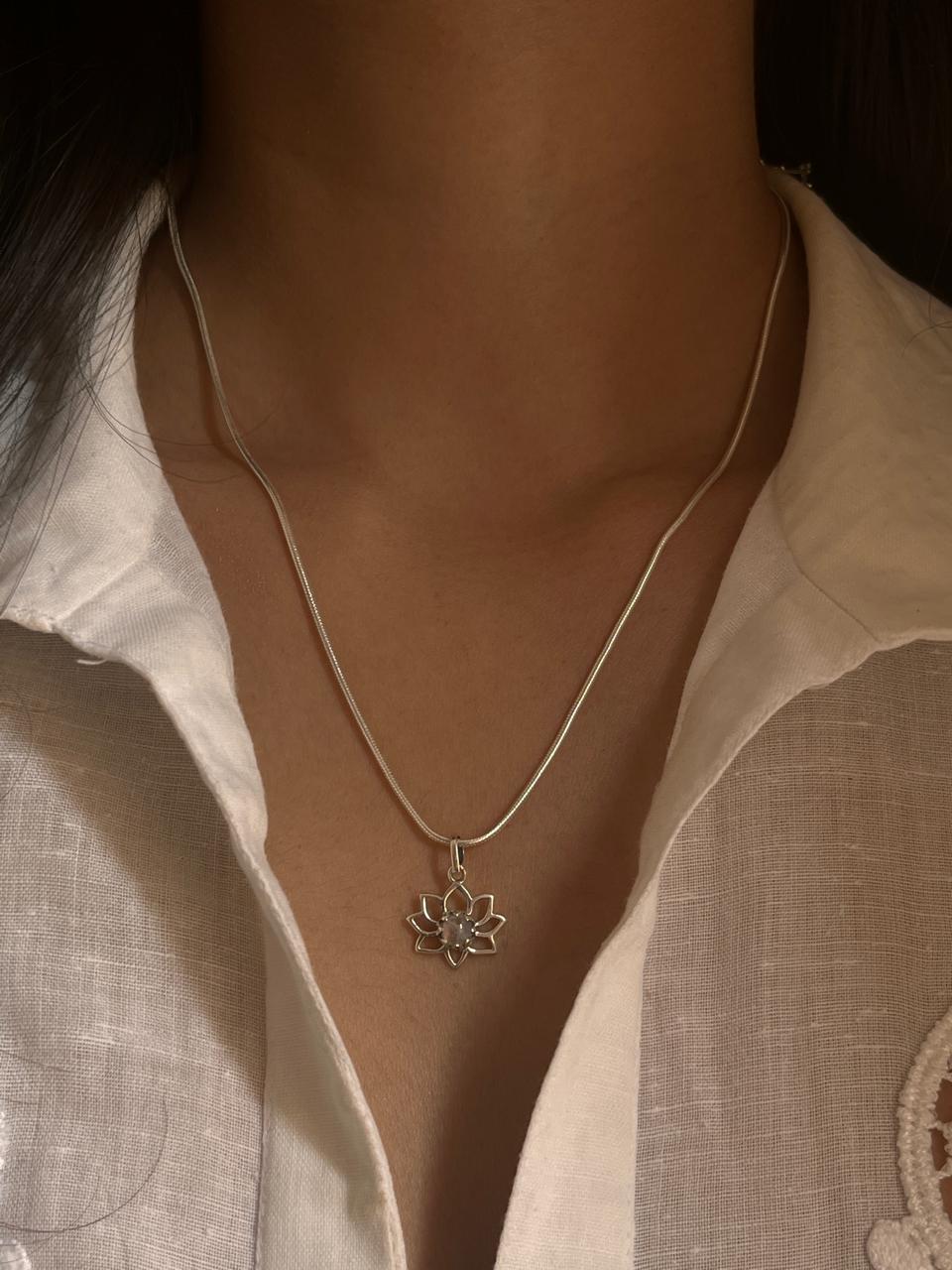 Elegant Small Lotus Moonstone Silver Pendant