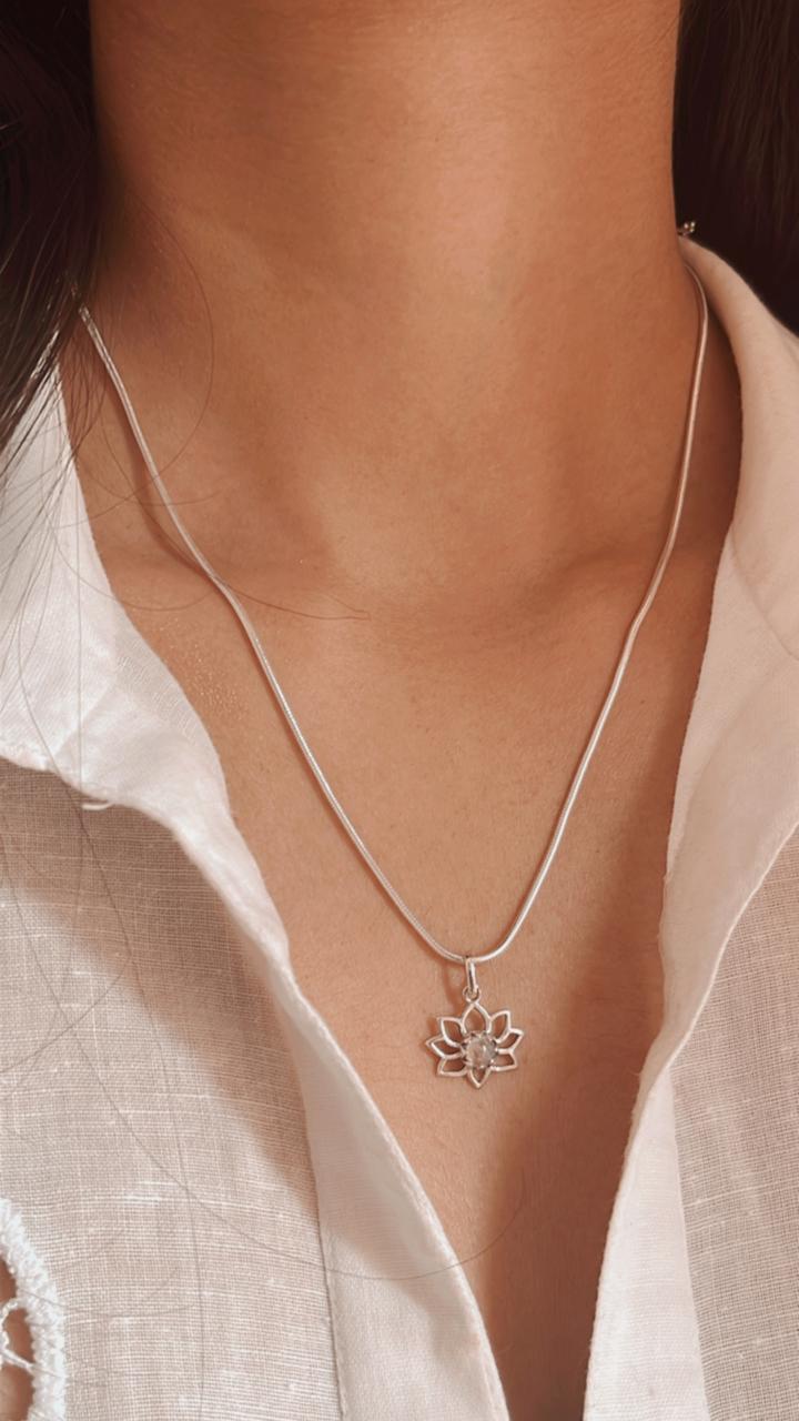 Handcrafted Silver Pendant with Moonstone and Lotus Design