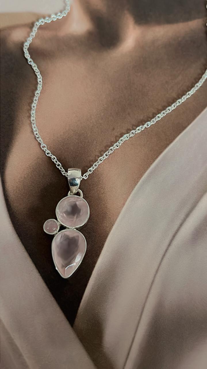 Silver Pendant Featuring Rose Quartz Cluster Stones