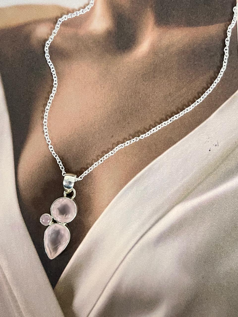 Unique Rose Quartz Cluster Silver Pendant Design