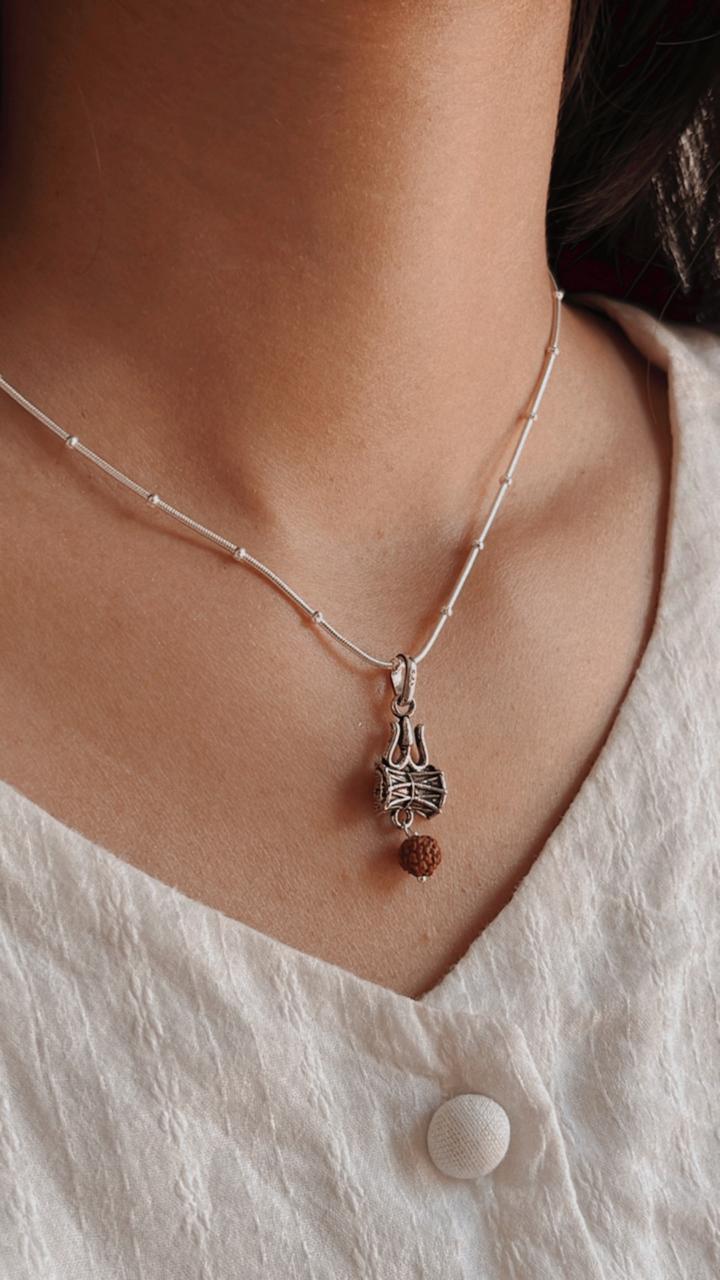 925 Sterling Silver Trishul Damru Rudraksh Silver Pendant