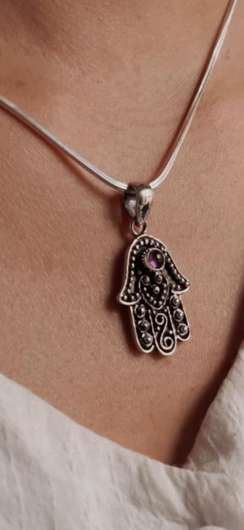 Amethyst Hamsa Pendant in Silver