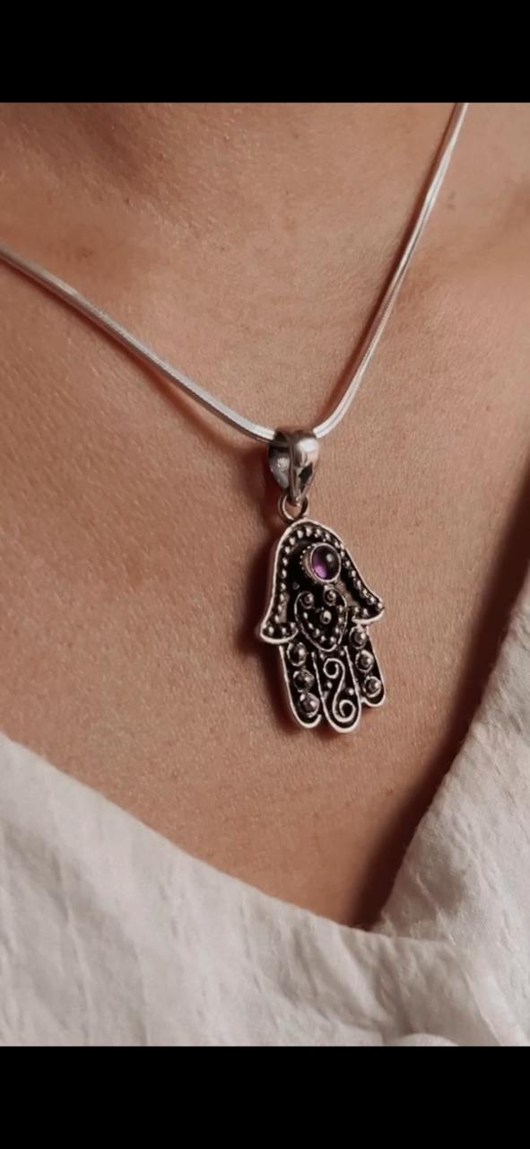 Silver Pendant with Amethyst Stone and Hamsa Hand Motif