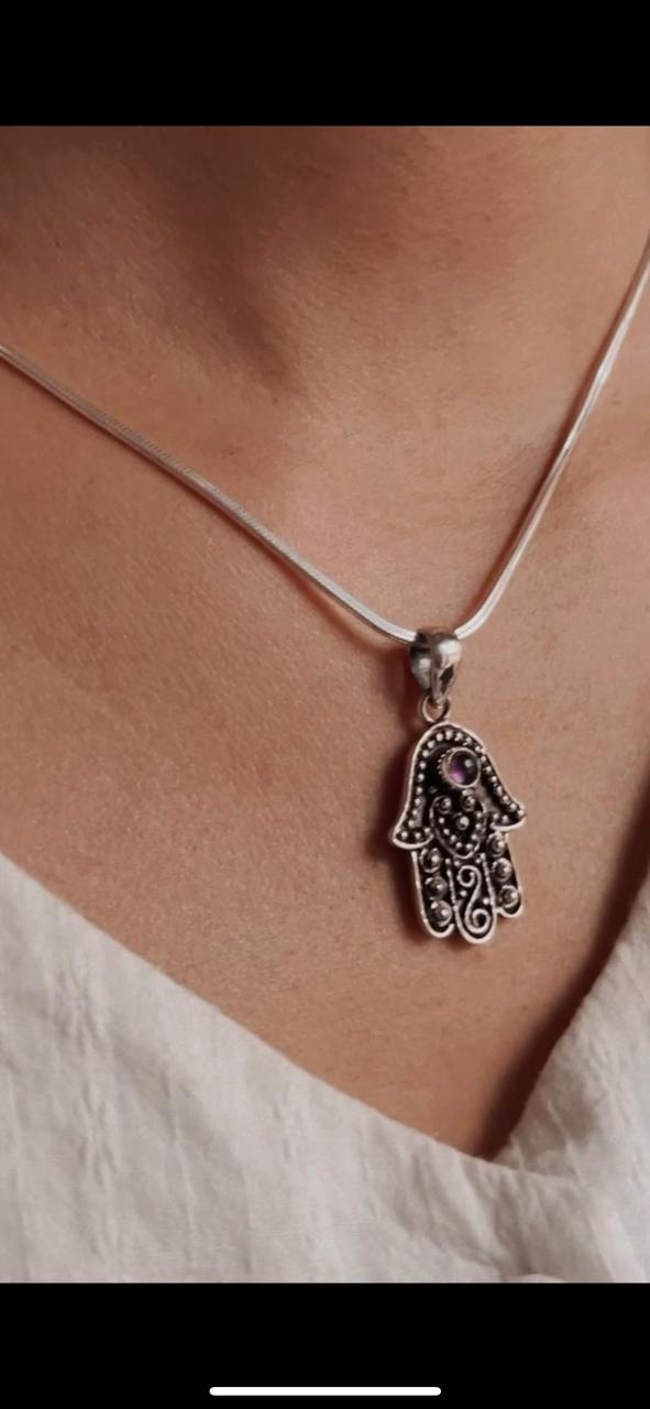 Handcrafted Silver Hamsa Pendant with Amethyst Center