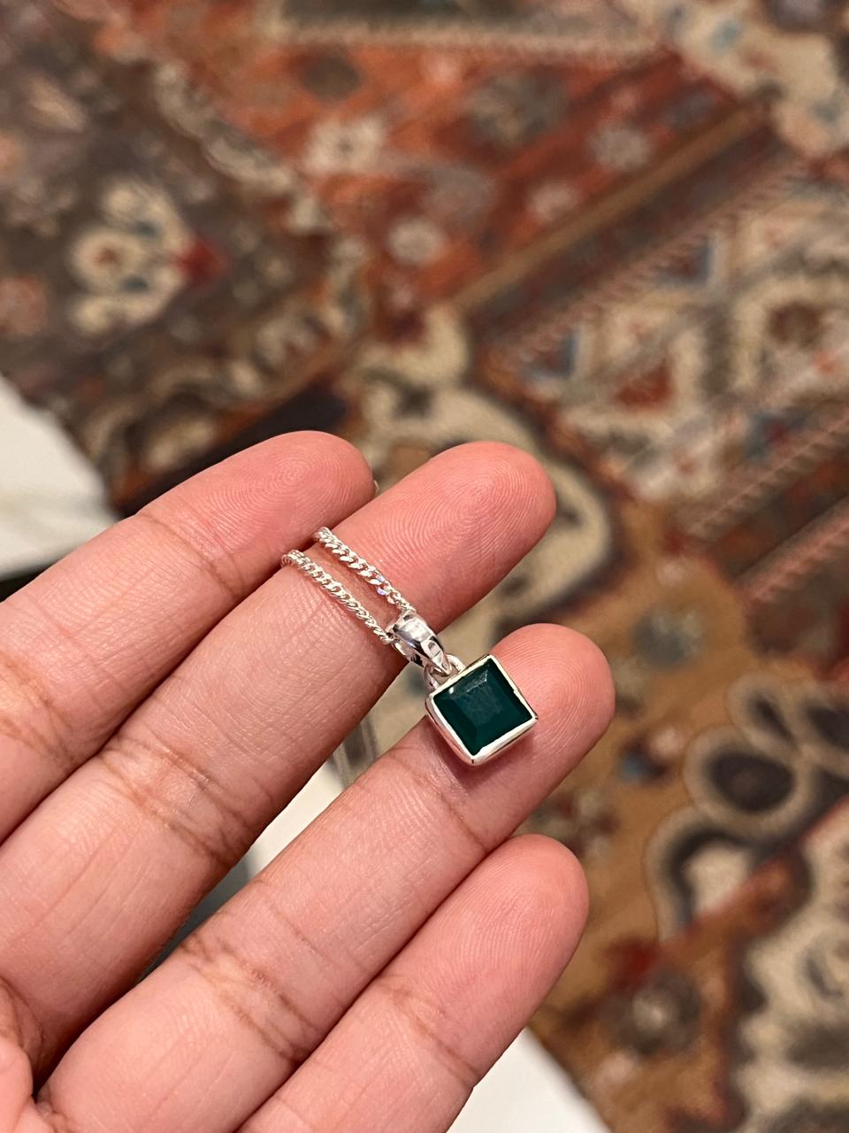 Elegant square cut green onyx pendant set in silver