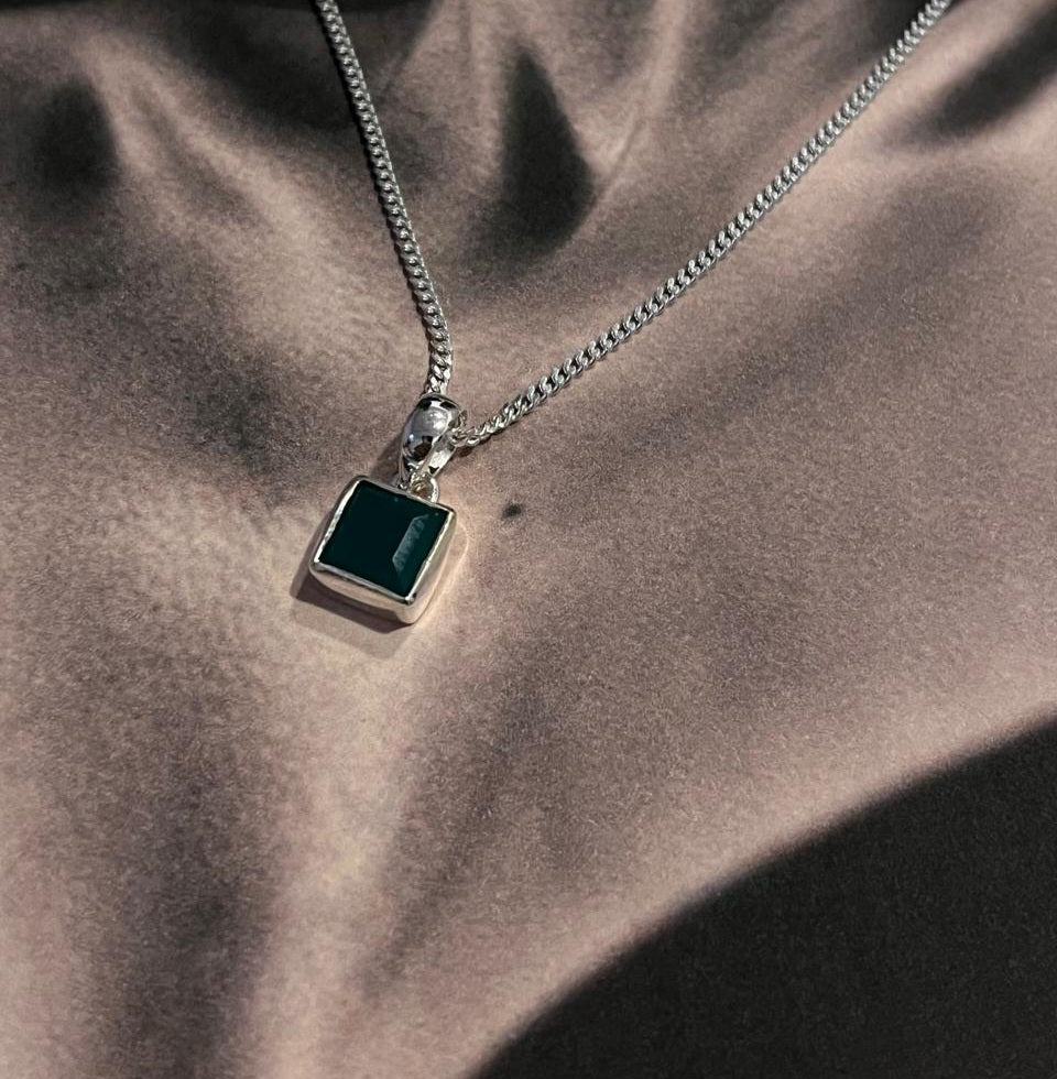 Green onyx square cut pendant in sterling silver