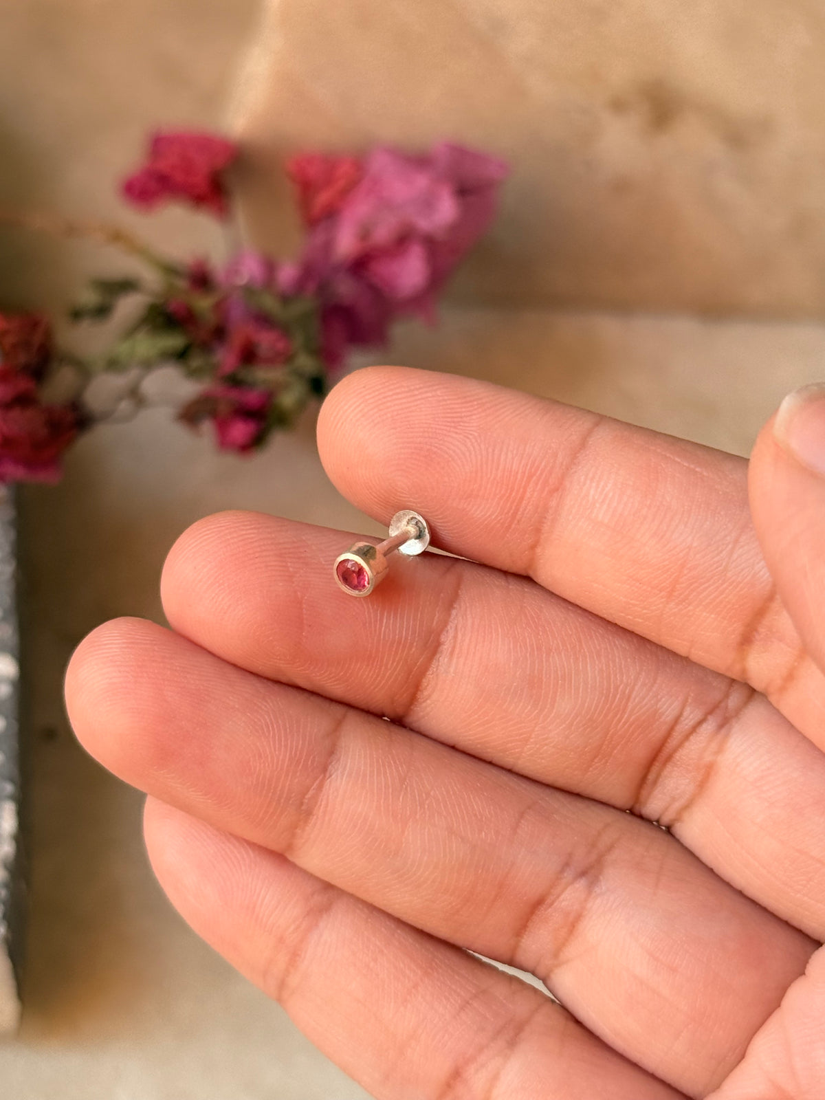 925 Sterling Silver Pink Cz South Screw Back Minimal Nose Pin